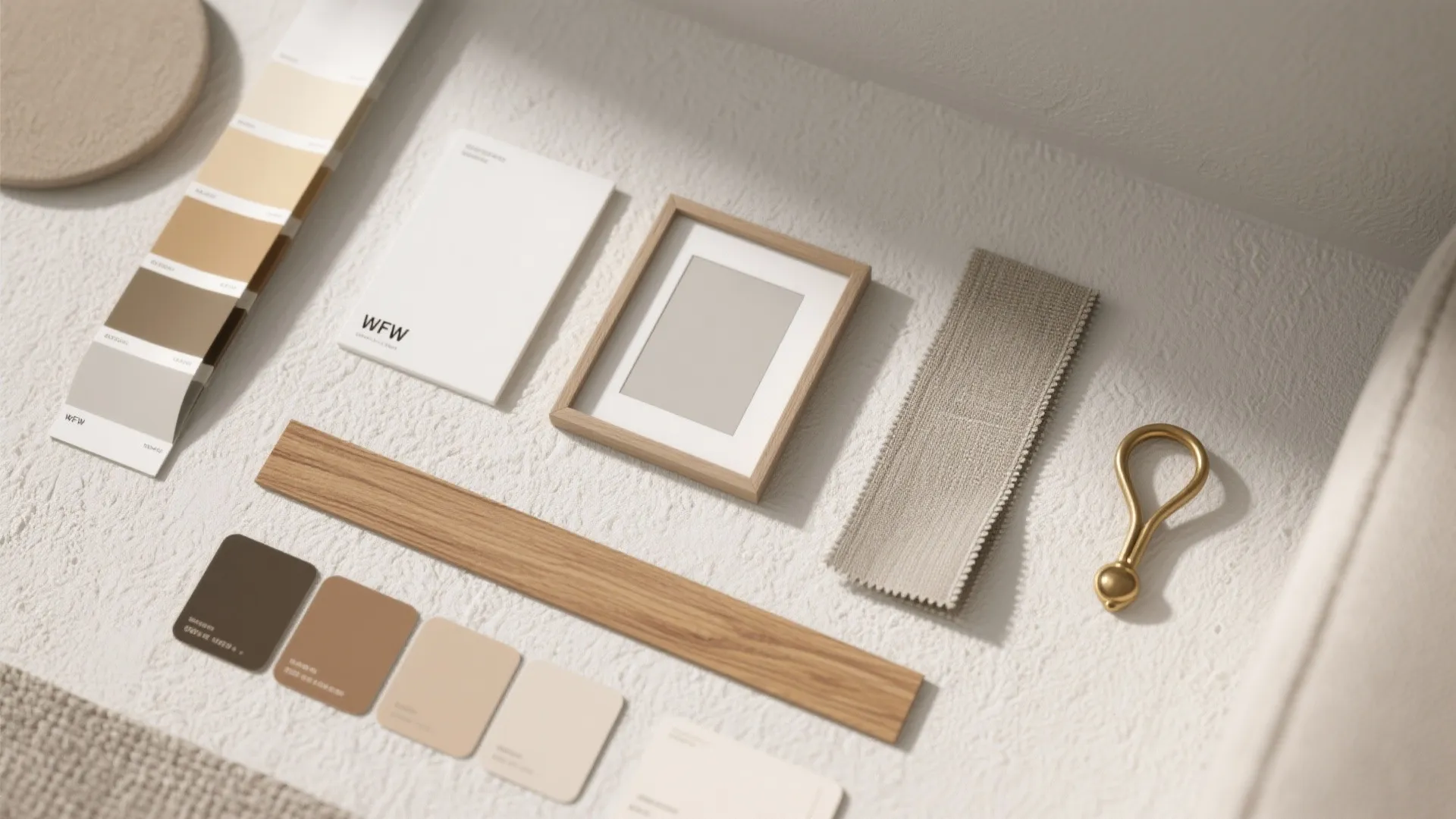 Interior design mood board with wood samples color cards fabric pieces and a gold handle