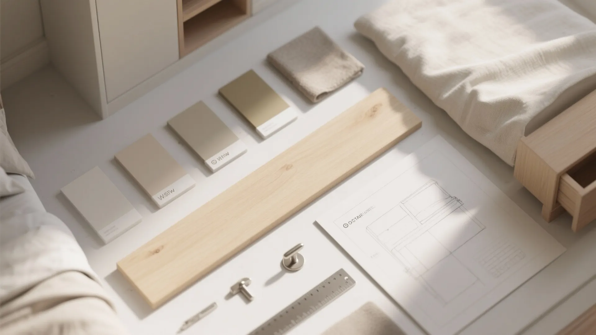Top-down flatlay of paint swatches, wood plank, fabric samples and hardware for planning a compact bedroom.