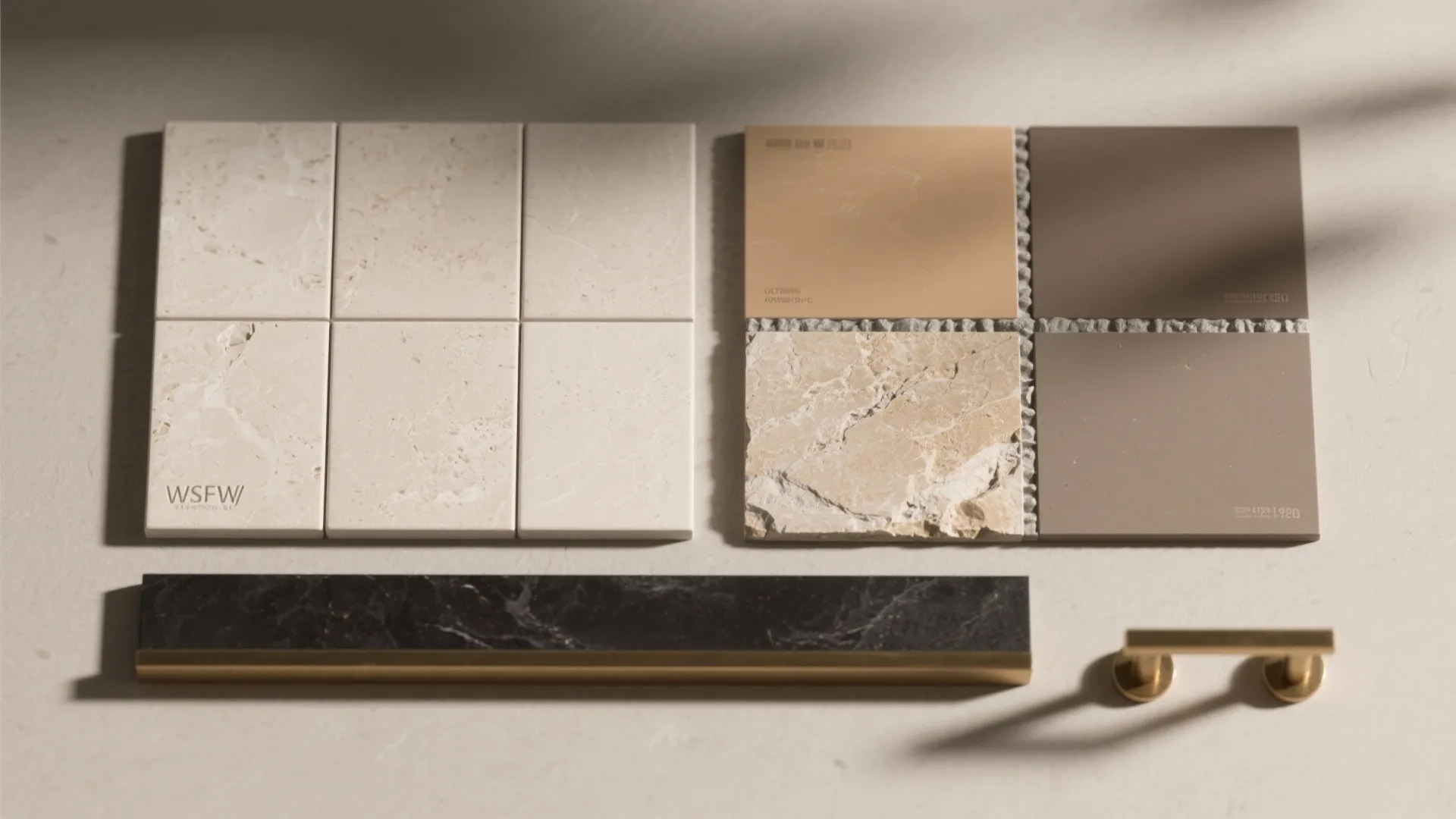 Interior design material samples including stone tiles, wood boards, marble pieces, and a gold handle
