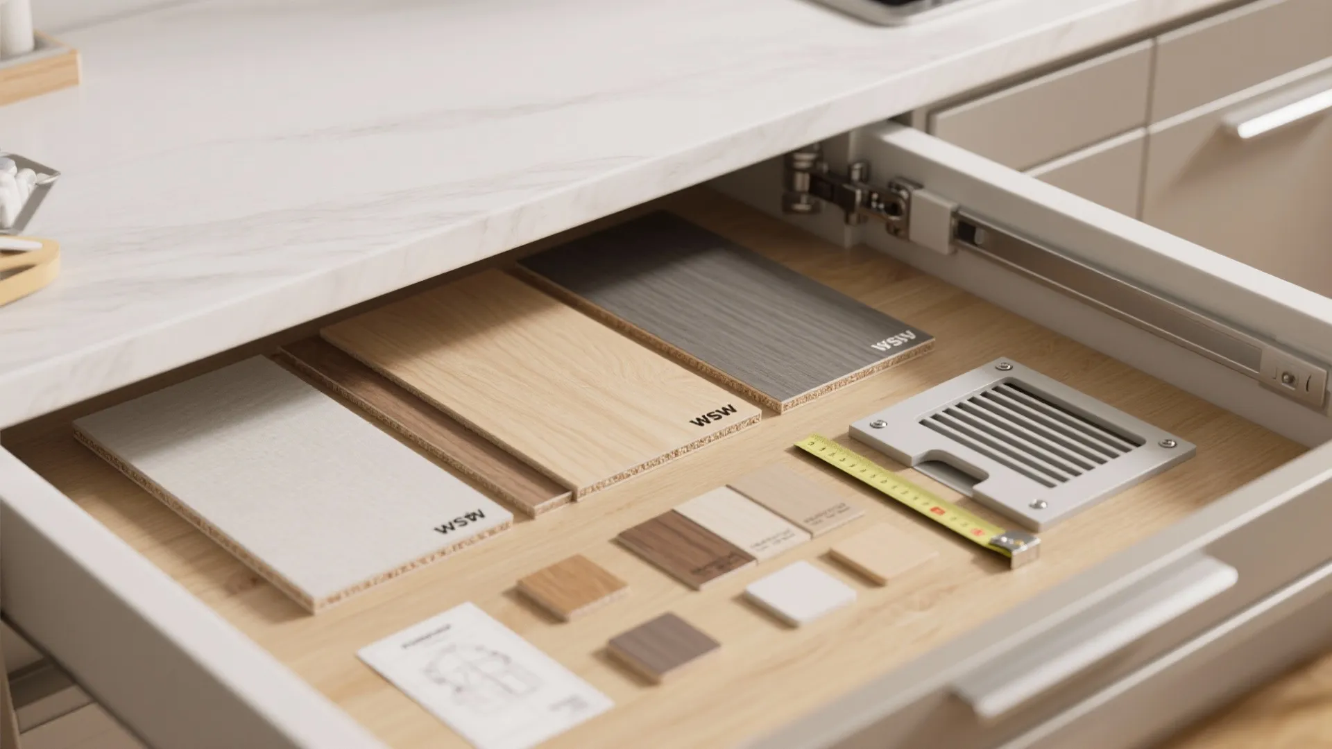 Open wooden drawer filled with various material samples measuring tape and small interior design tools