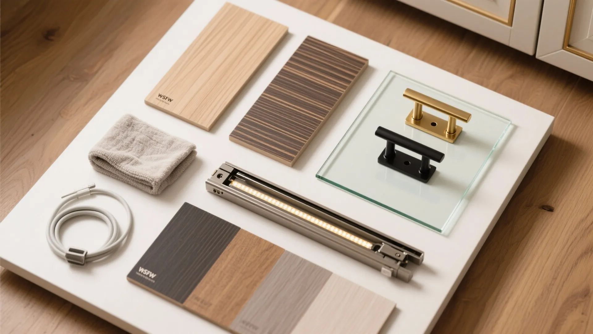 Collection of interior design materials including wood samples door handles fabric and a light fixture