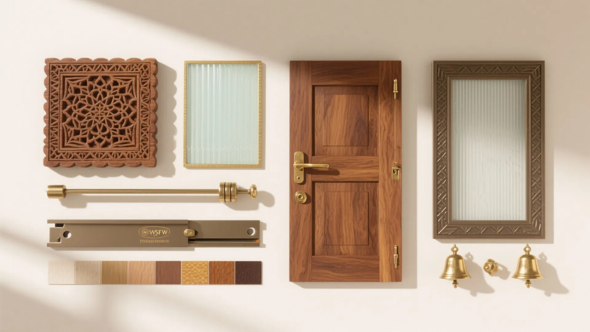 Interior design material board with wood samples carved panel brass hardware and glass door options