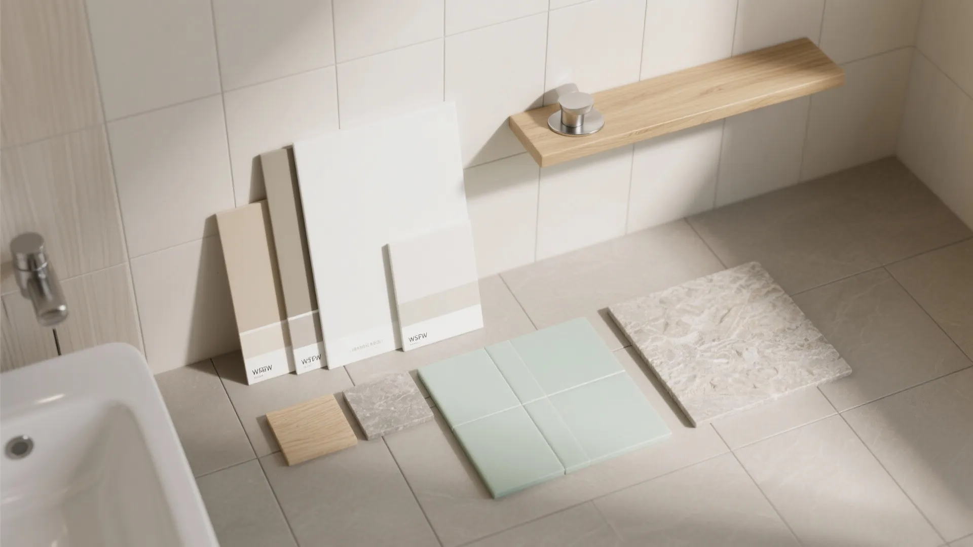 Materials that stretch space: light tile, vertical lines, and warm accents