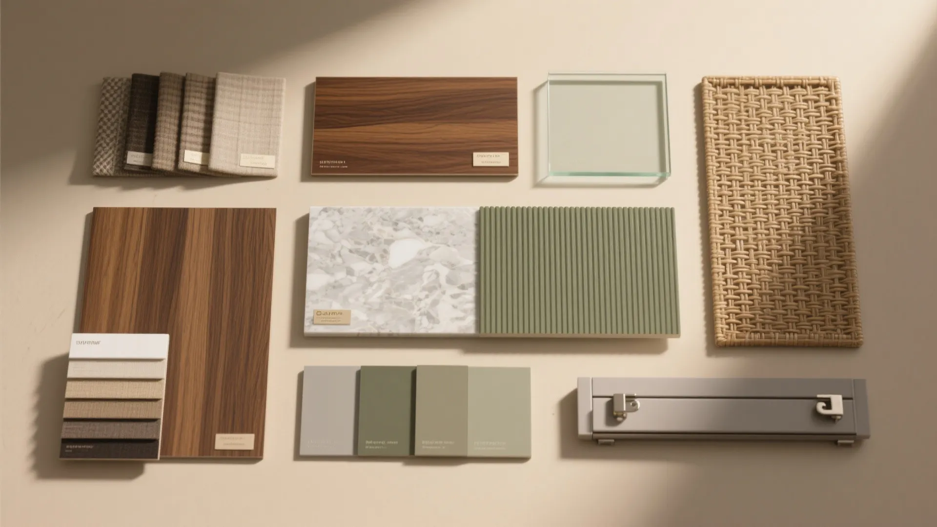 Flat lay of laminates, walnut veneer, quartz and granite samples, ribbed glass, rattan weave, paint chips, and soft-close hardware.