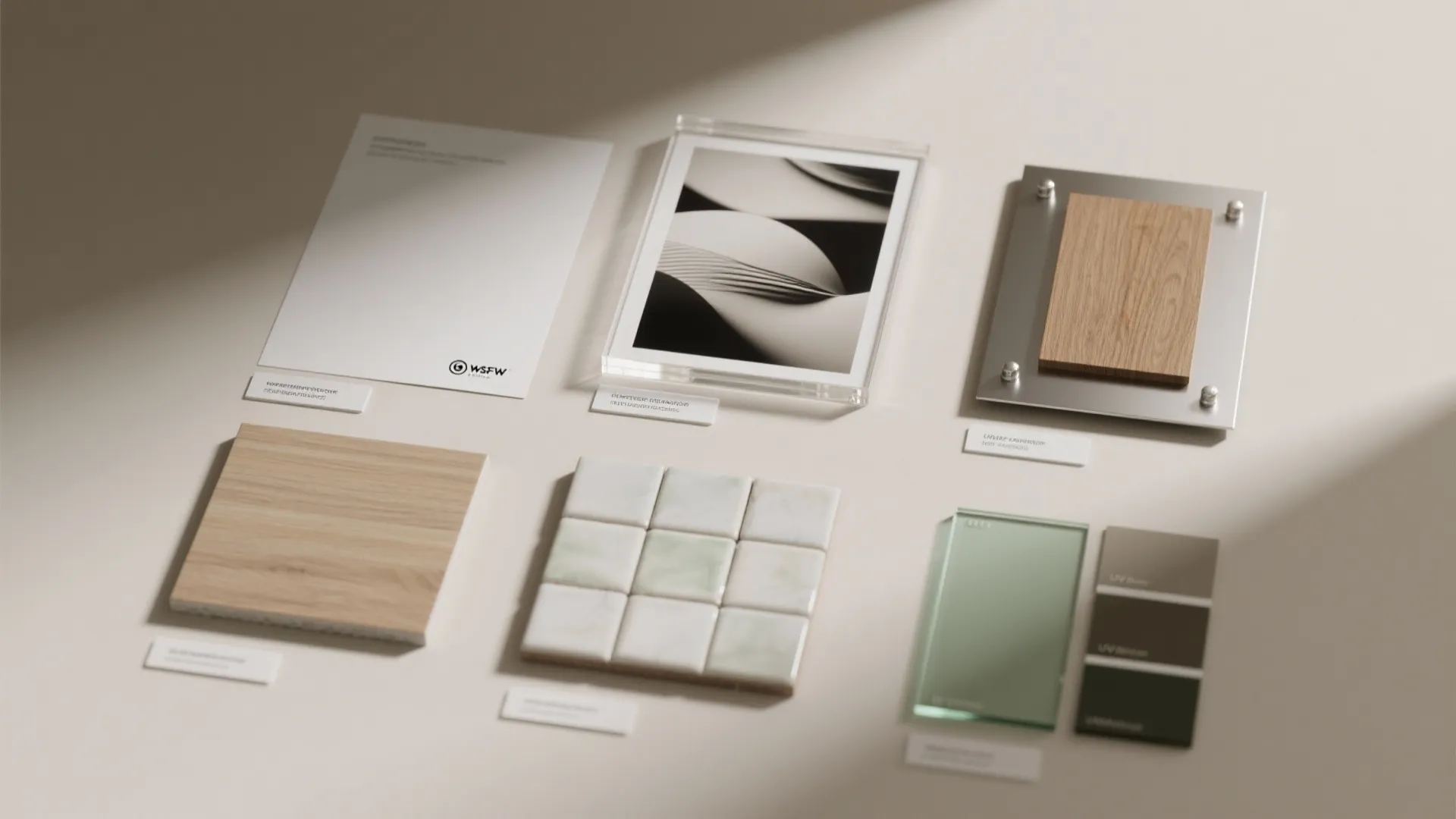 Interior design material board with wood samples white tiles glass pieces and color paint cards