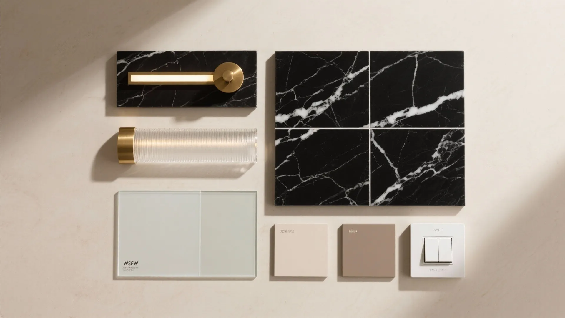 Material flat lay with black marble slab, brass hardware, LED diffuser, frosted glass, and neutral paint chips for layered lighting.