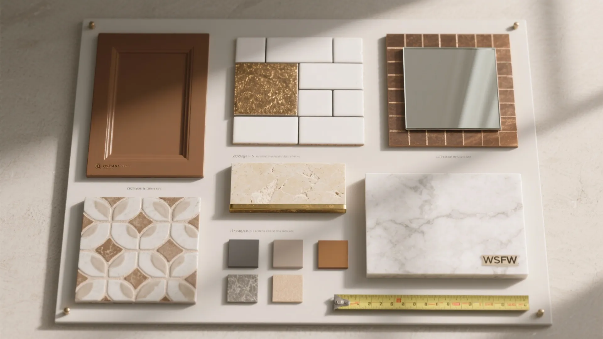 Interior design material board showing wood door marble tiles color swatches and yellow measuring tape