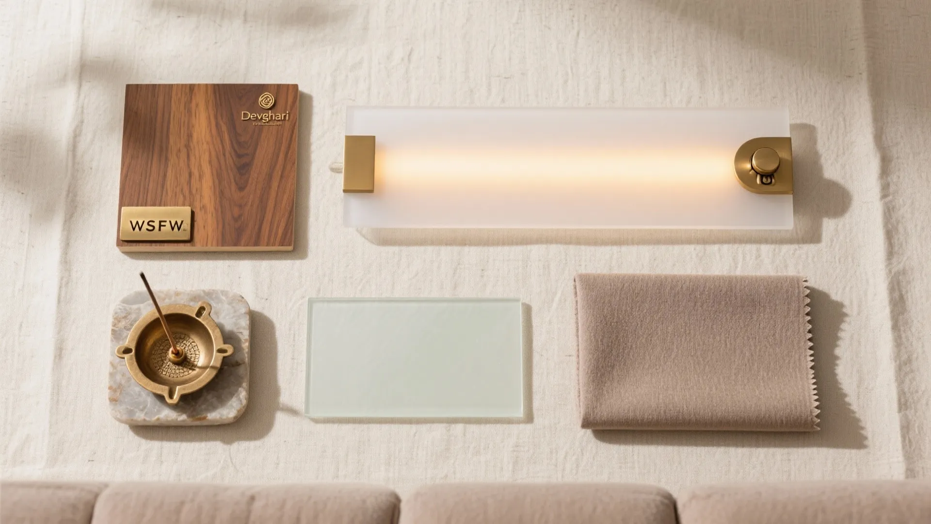 Interior design material board with wood samples fabric pieces glass and a gold light fixture