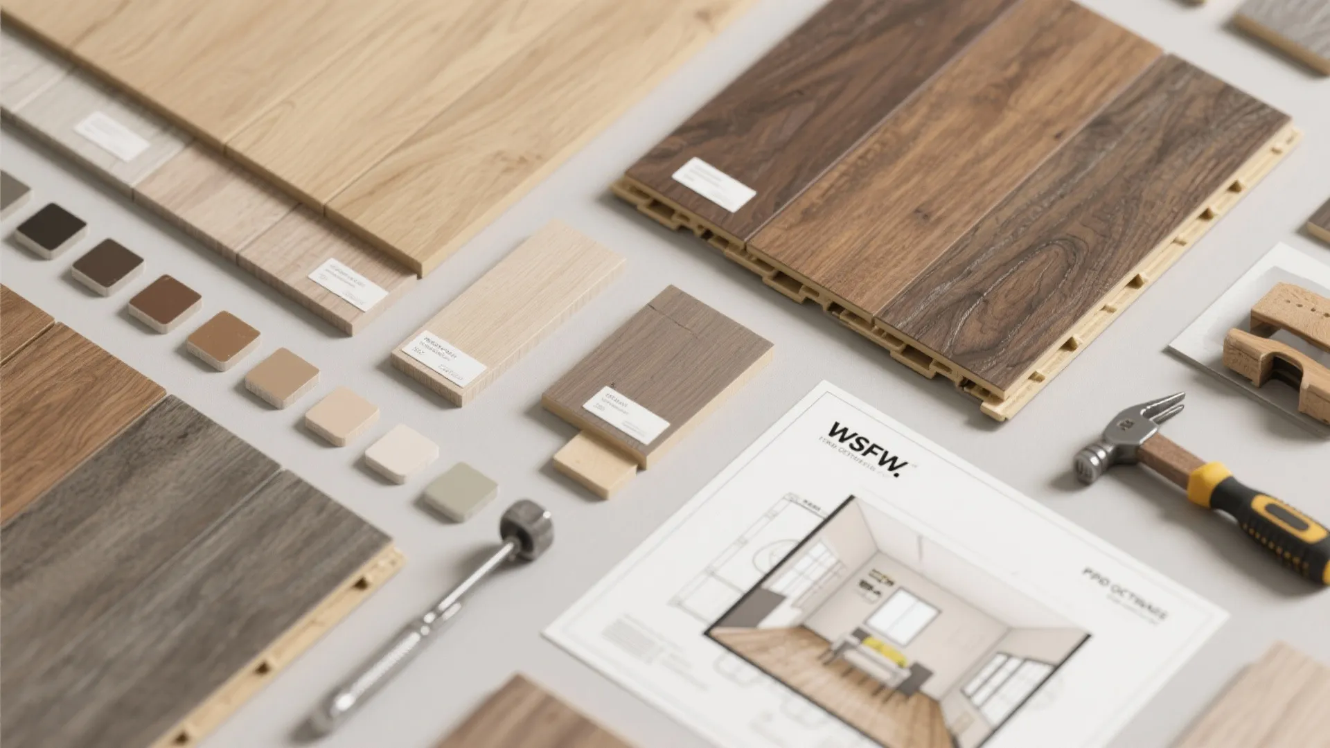 Wood flooring samples and color swatches arranged with an interior design drawing and a hammer