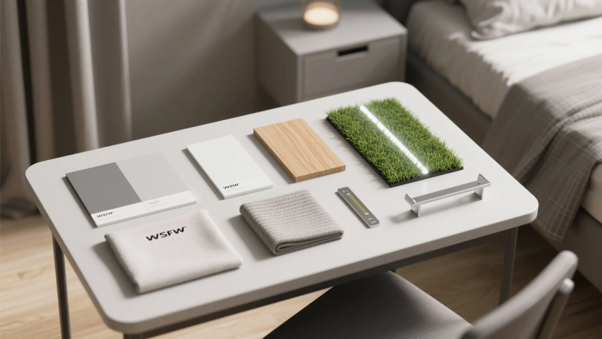 Interior design materials including wood samples fabric swatches and artificial grass on a white table