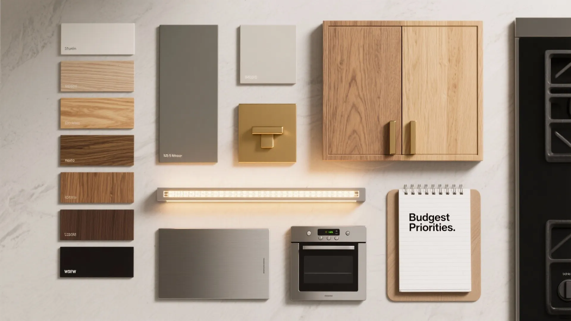 Flatlay of kitchen material samples, paint chips, wood veneers and lighting samples.