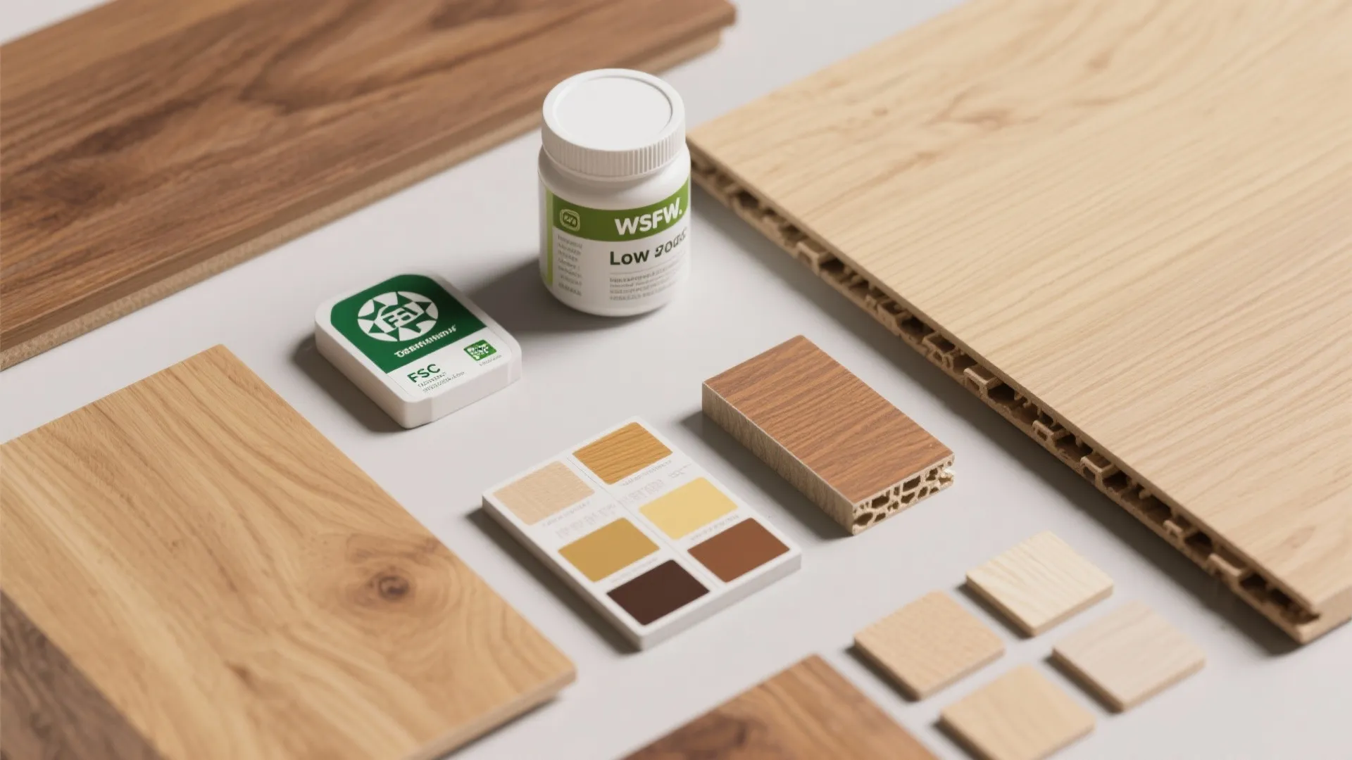 Interior design material board with wood samples color swatches glue bottle and eco friendly labels
