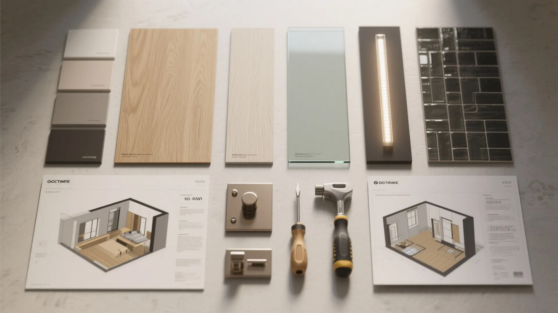 Flatlay of material samples including lacquer swatches, wood veneer, glass backsplash and LED strip for galley remodel.