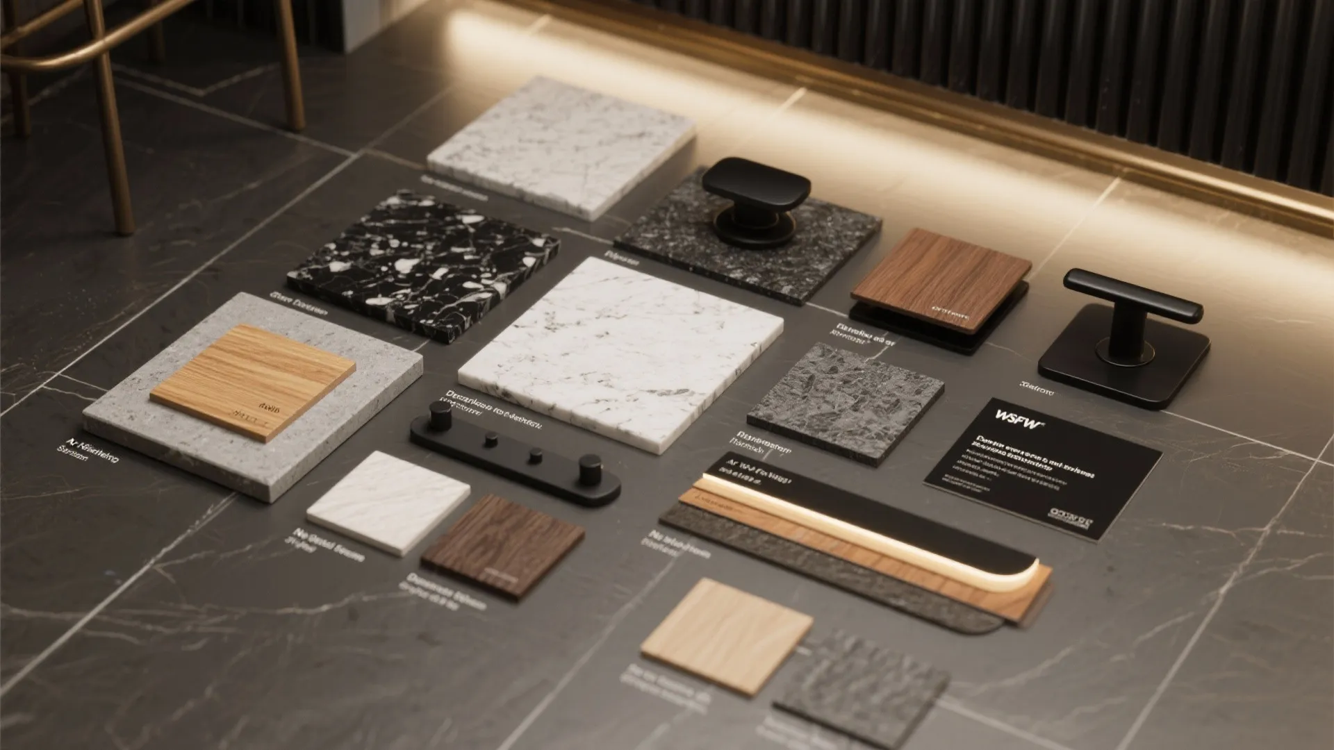 Flatlay of durable material samples and color palette for basement bar kitchens.