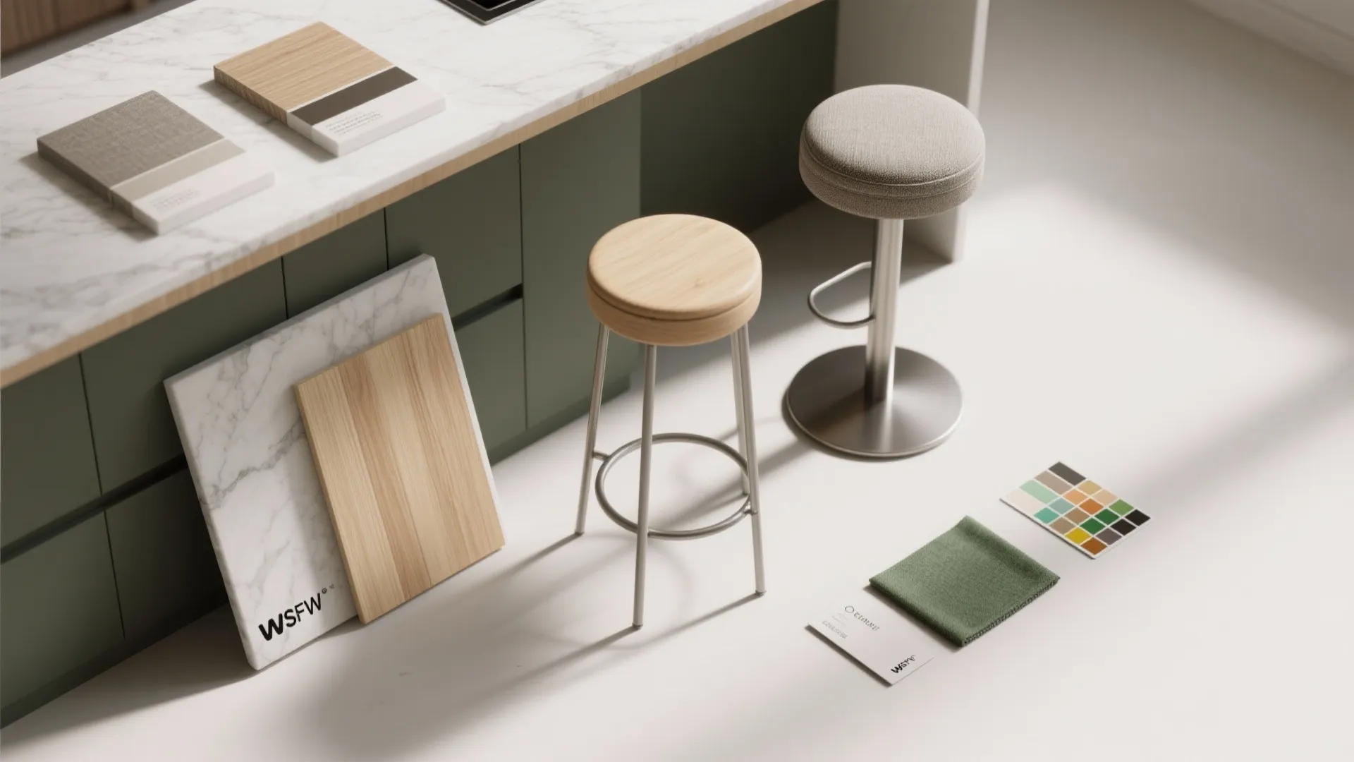 Kitchen design material samples with wood and stone boards next to green cabinets and stools