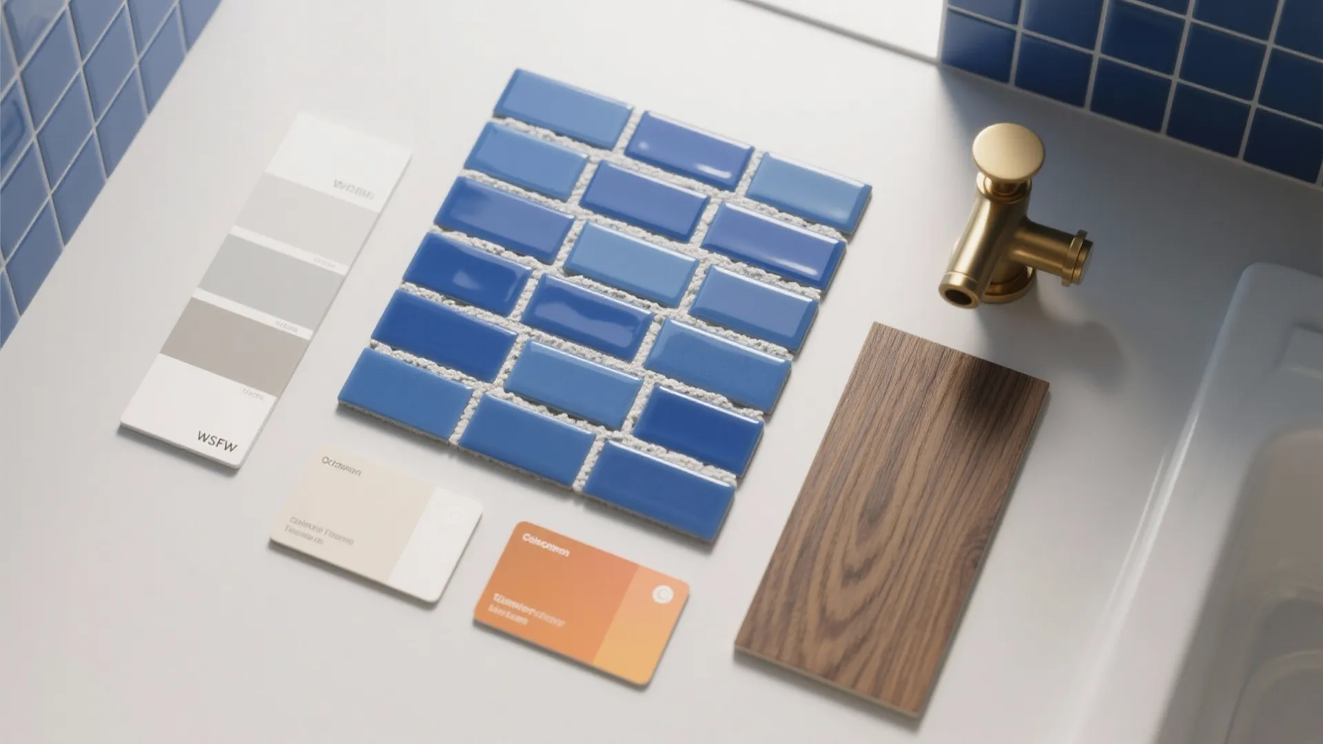 Top-down flatlay of blue tile samples, grout swatches, brass hardware and wood veneer