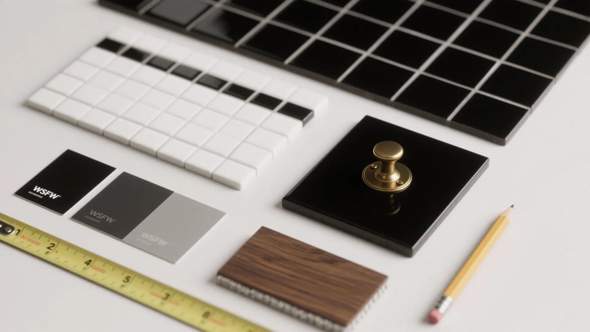 Flatlay of tile and material swatches including subway tiles, grout samples, brass and wood finishes.