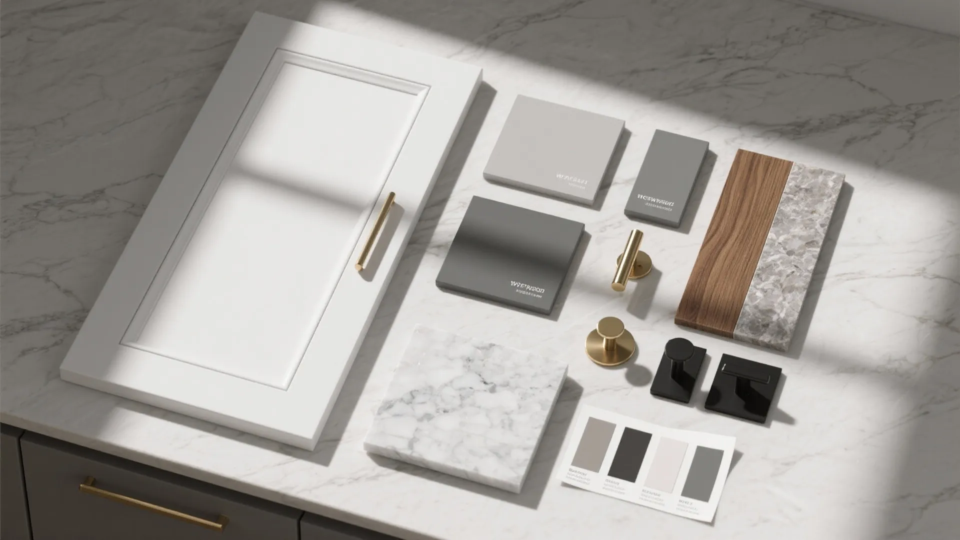 Flatlay of cabinet, countertop, wood, paint, and hardware samples for testing kitchen palette.
