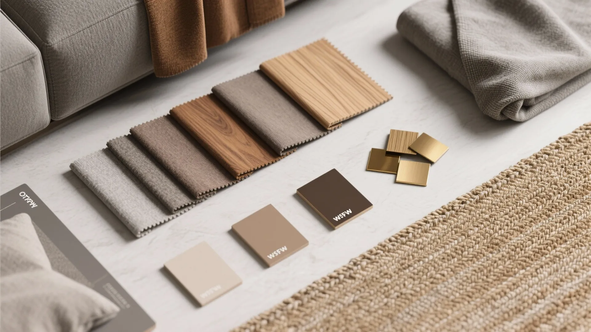 Interior design material samples including fabric swatches wood pieces color tiles and a woven rug