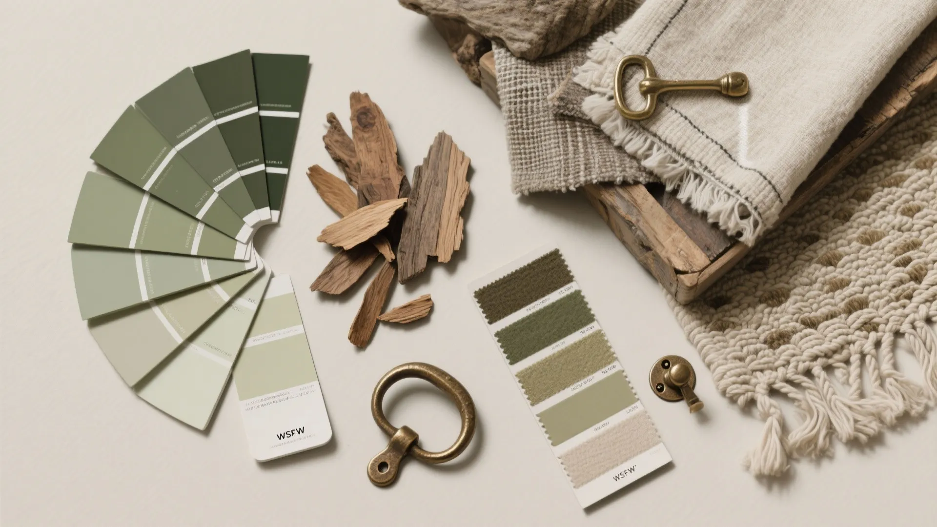 Interior design material board with green color samples wood pieces fabric swatches and metal hooks