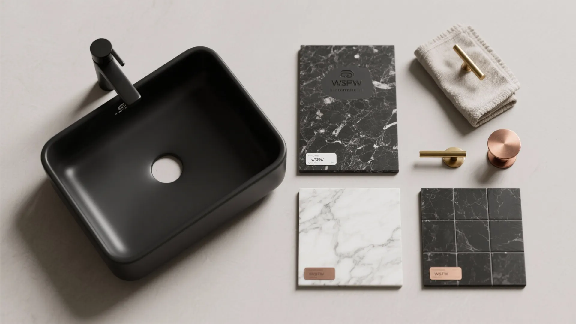 Material flatlay of black sink finishes, brass hardware, and marble sample