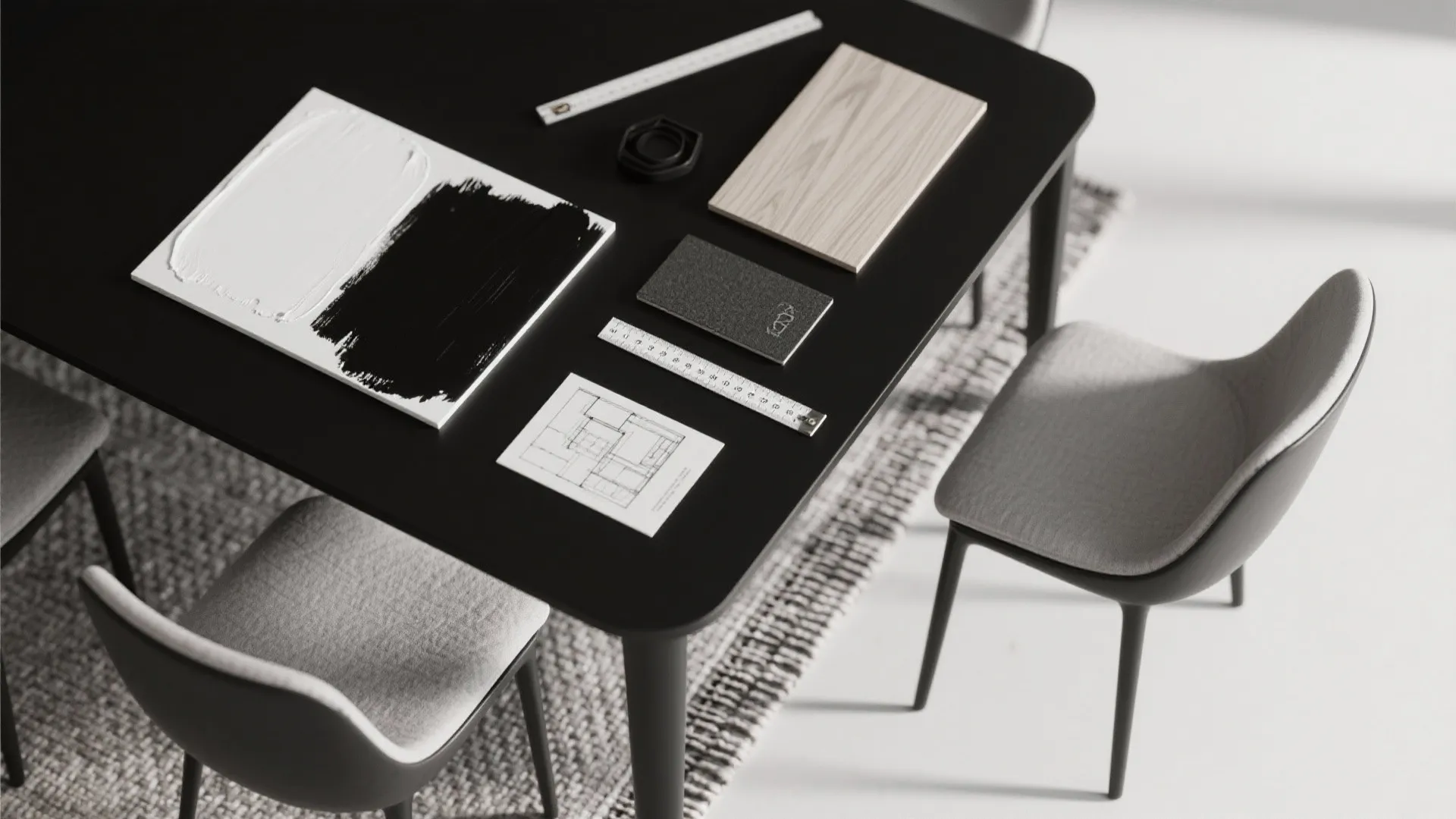 Flatlay of material samples for a black-and-white dining palette with wood and fabric swatches
