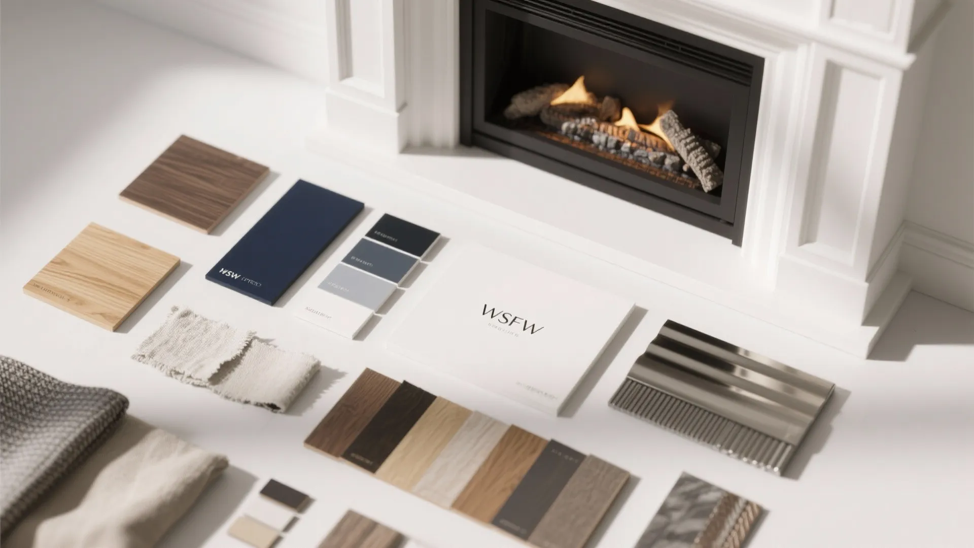 Material and color swatches for planning white fireplace finishes and contrasts.
