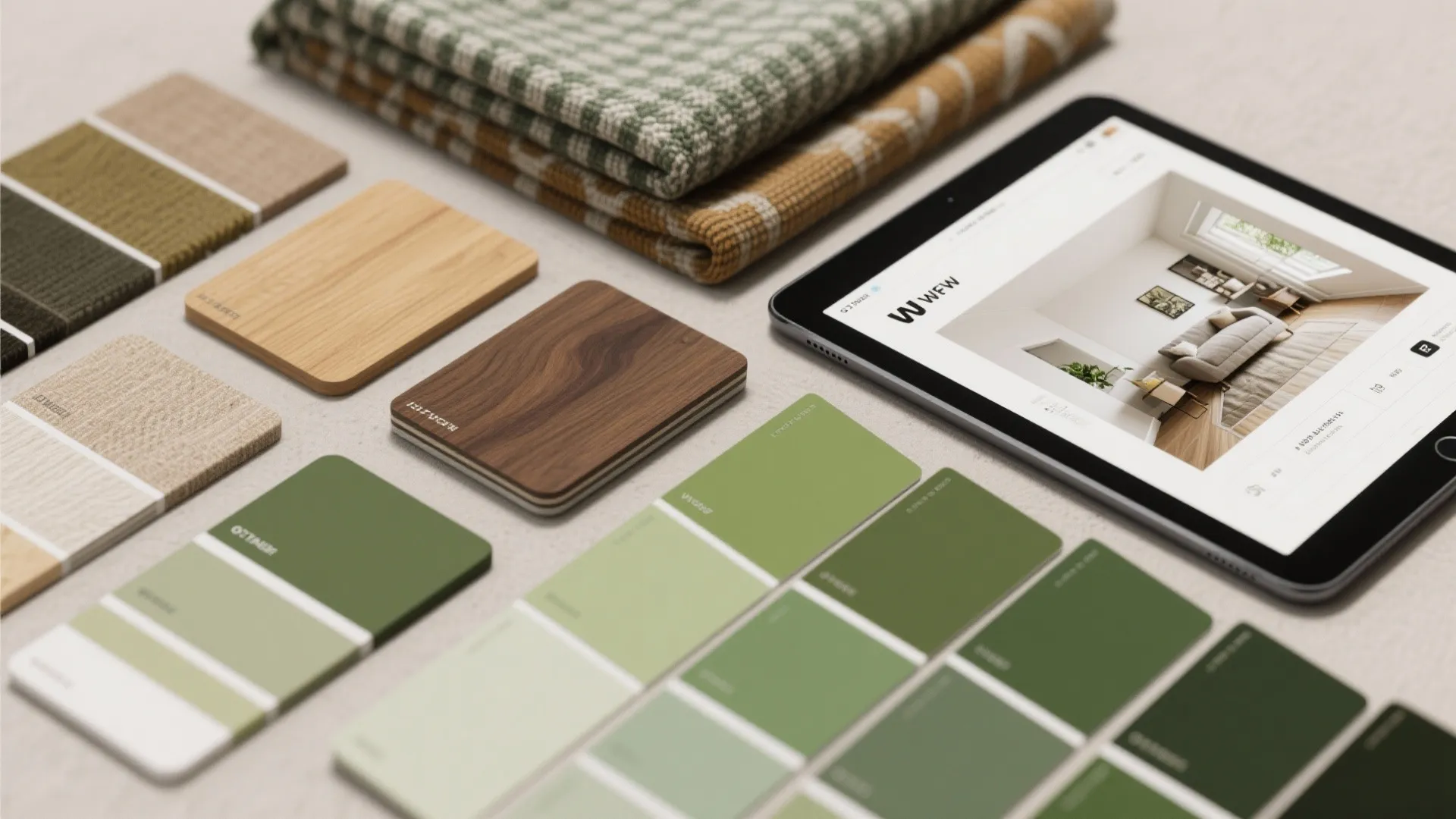 Interior design materials including green color palettes wood samples fabric and a digital tablet showing renders