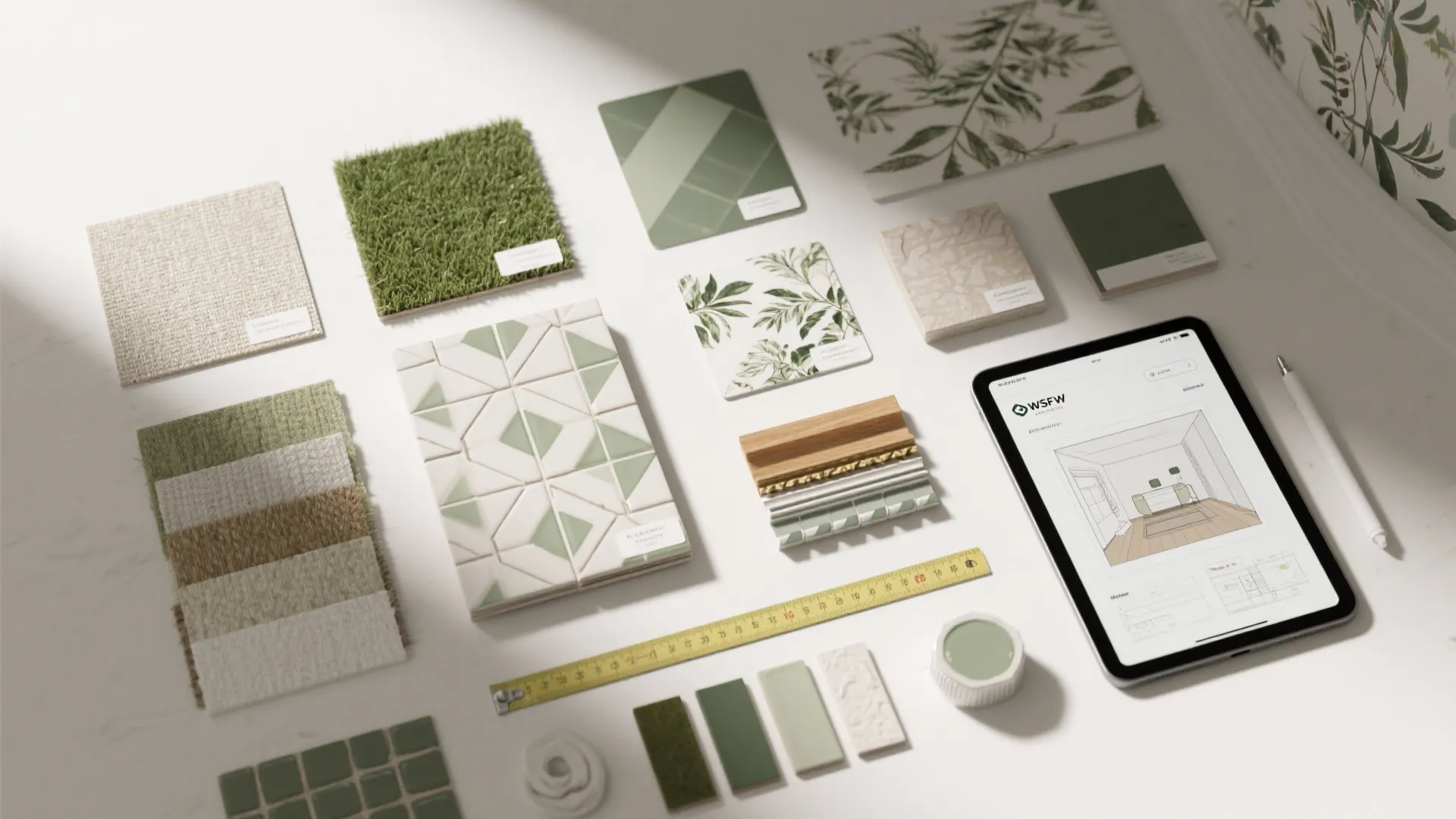 Top-down flatlay of wallpaper and tile samples, paint chips, and a tablet with a room planner.
