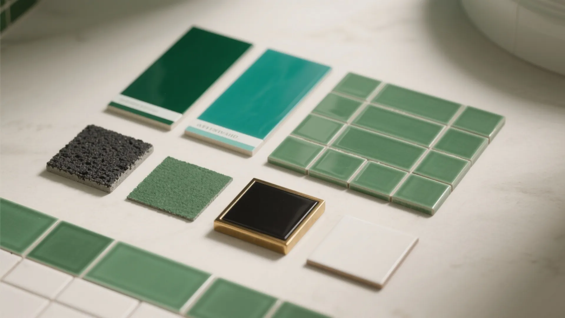 Flatlay of tile, grout, metal finish, and paint samples for green subway tile bathroom planning
