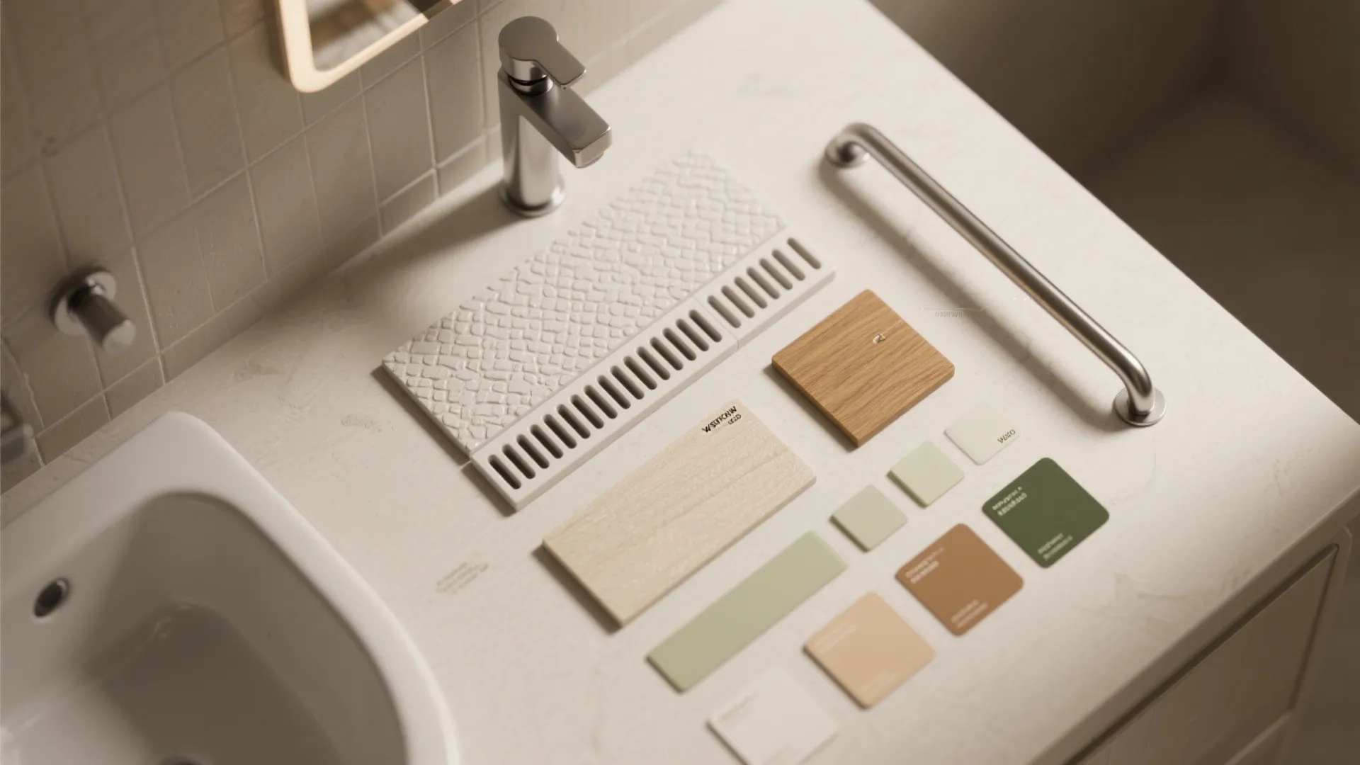 Material flat lay on white counter showing wood samples green color swatches and white textured tile