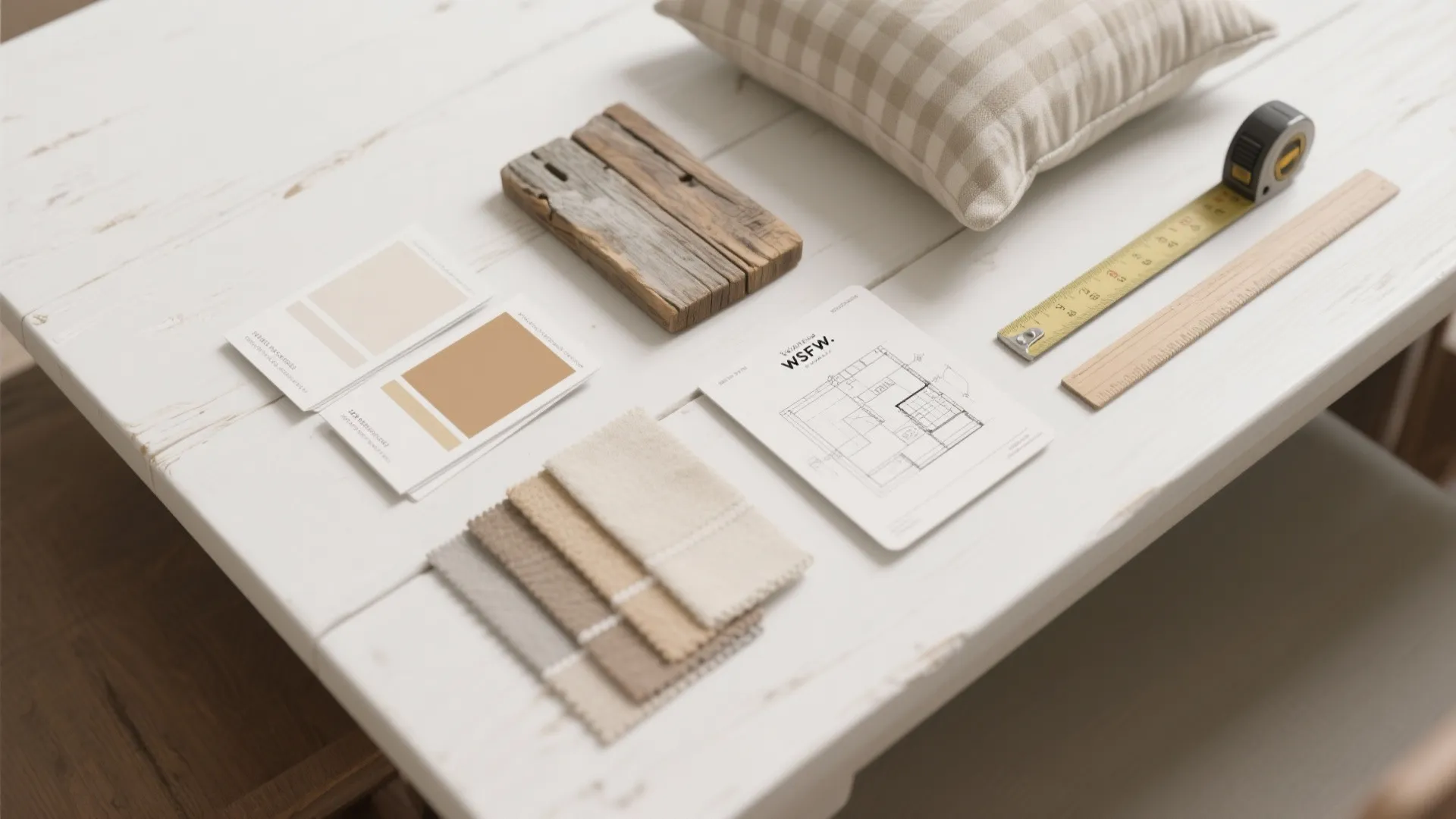 Flatlay of paint chips, reclaimed wood sample, fabric swatches, and a floor plan sketch for table planning.