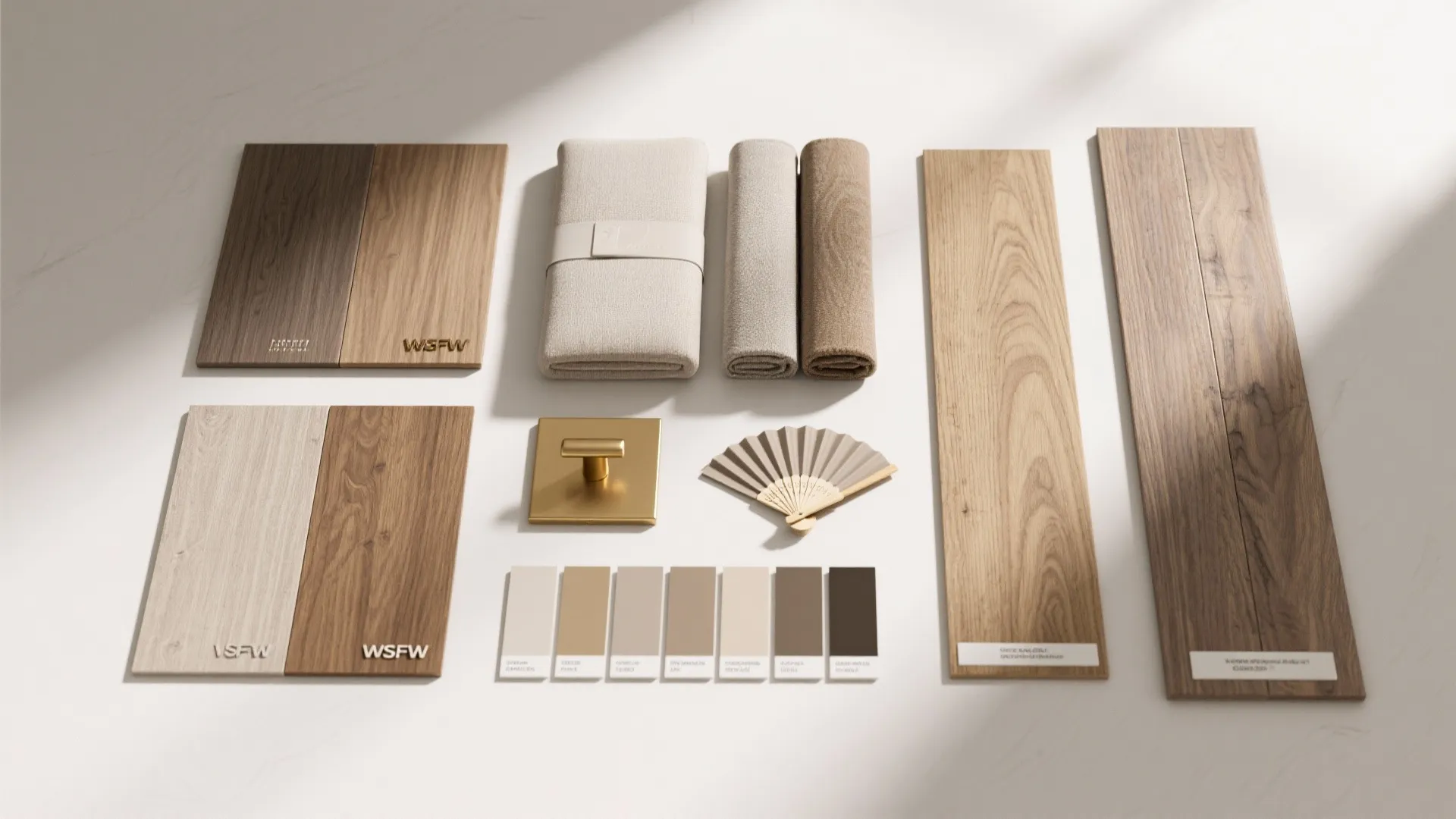 Flatlay of material samples and color swatches for a Pigeon Forge two-bedroom suite.