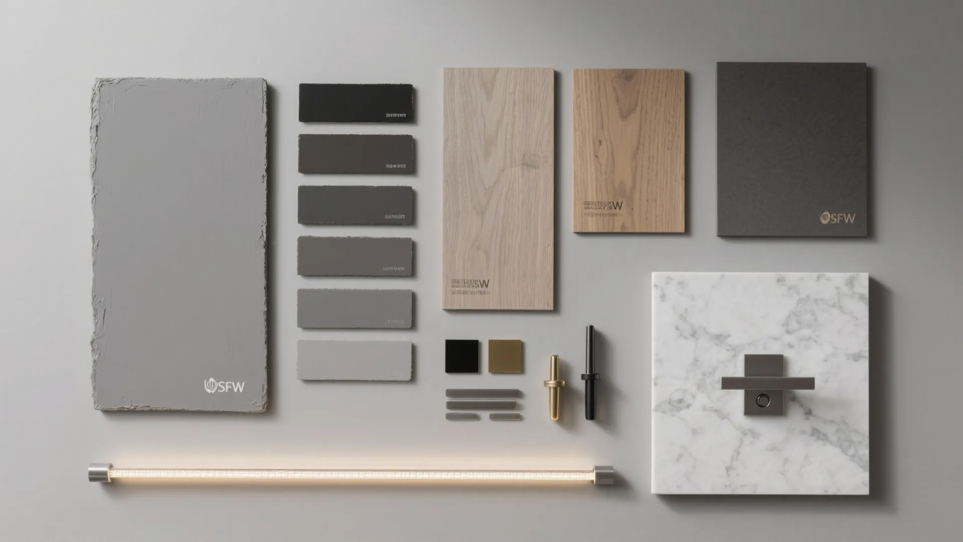 Interior design material board with wood samples grey tiles marble slab and a light fixture