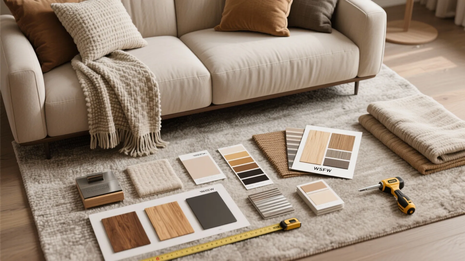 Interior design material samples and tools arranged on a rug next to a beige fabric sofa