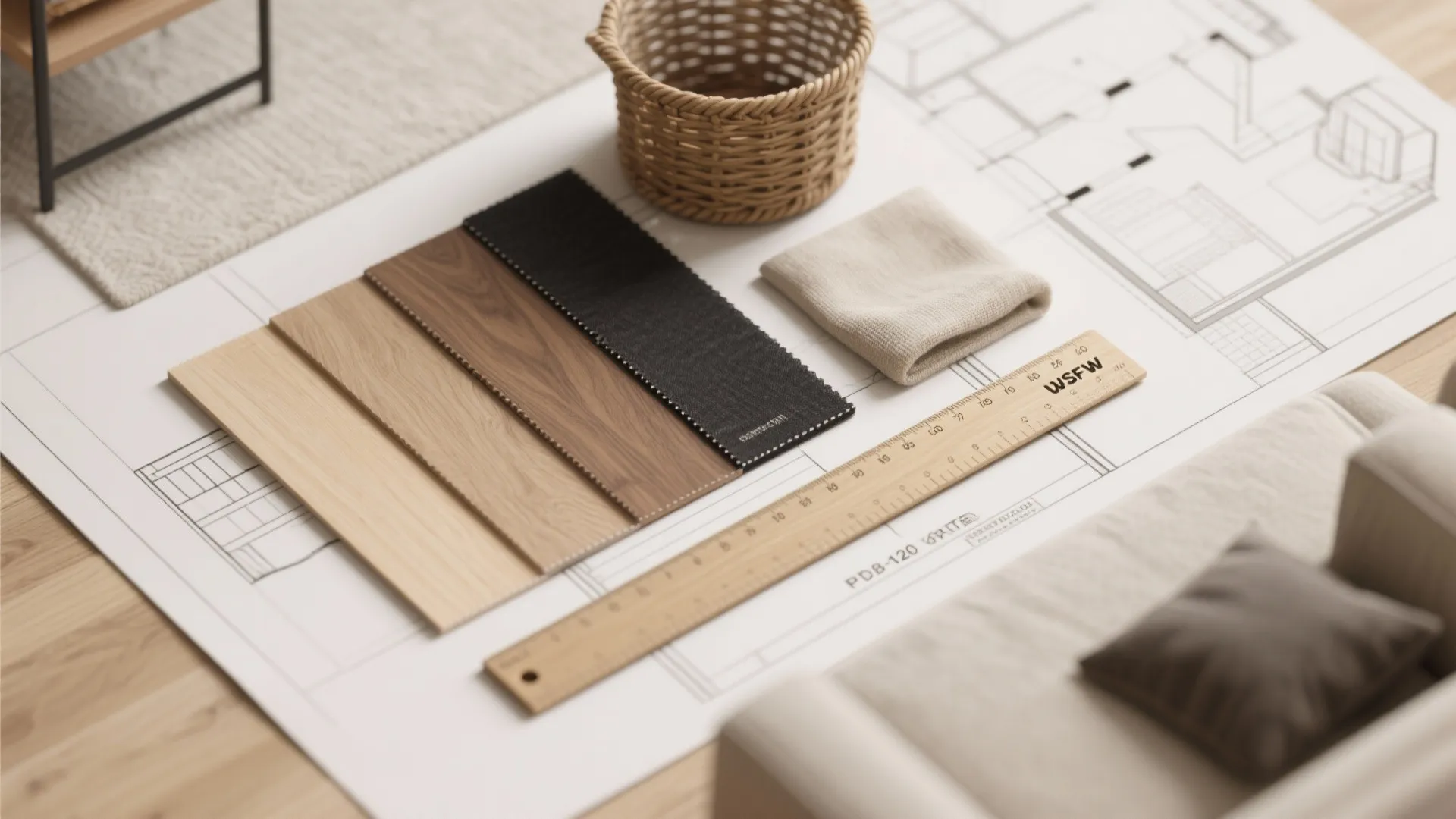 Interior design floor plan with wood samples fabric pieces wooden ruler wicker basket and cloth