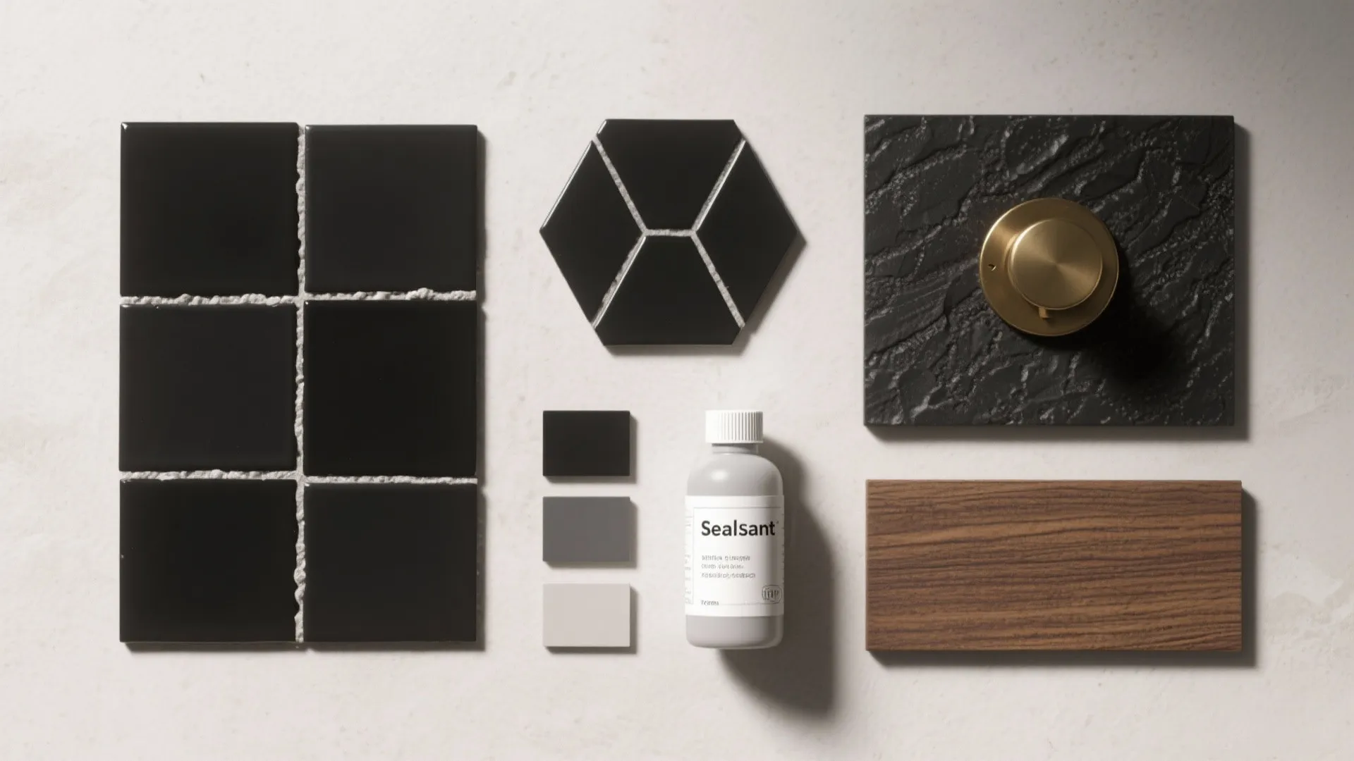 Interior design material board with black tiles wooden piece metal knob and white sealant bottle