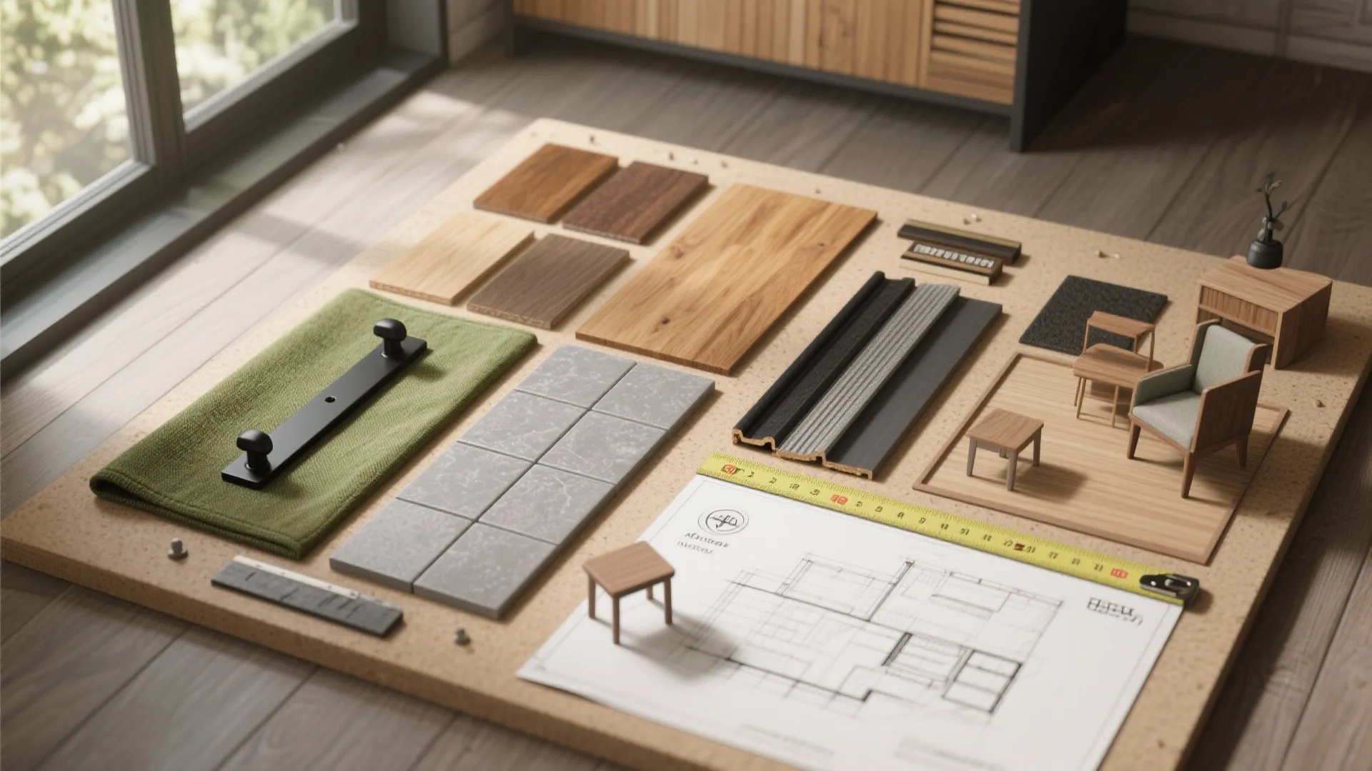 Material flatlay with wood and fabric swatches, tile samples and a floorplan sketch for a small cabin.