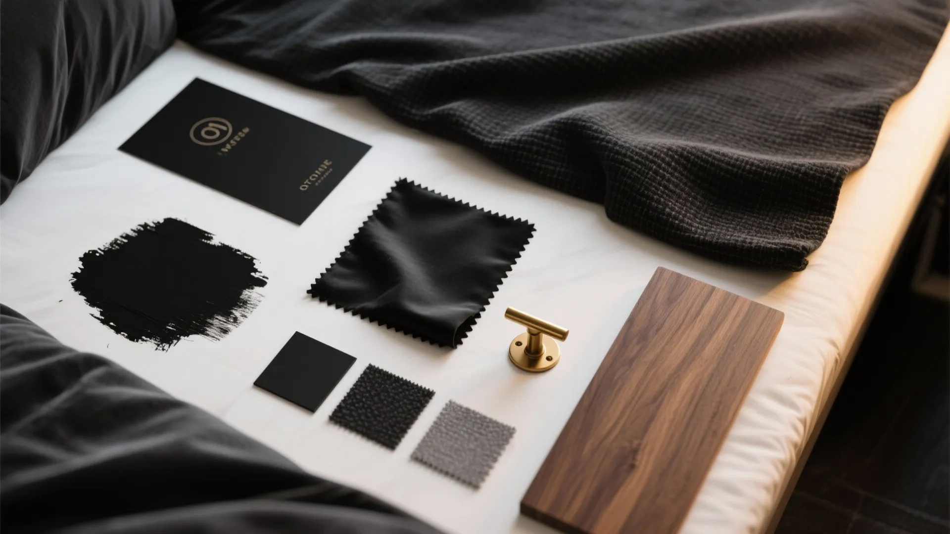 Flatlay of fabric, paint swatches, wood and brass samples for a black bedroom palette