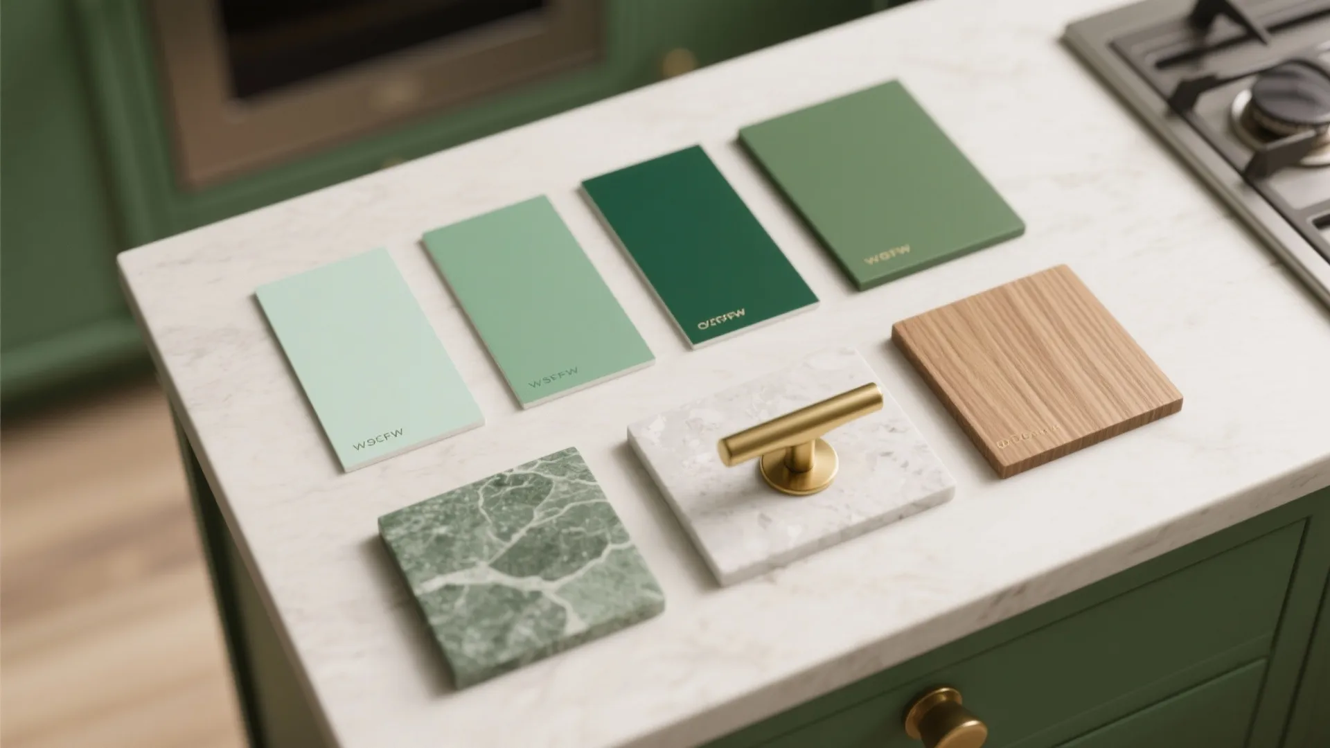 Kitchen material board with green color samples marble tiles wooden block and gold cabinet handle hardware