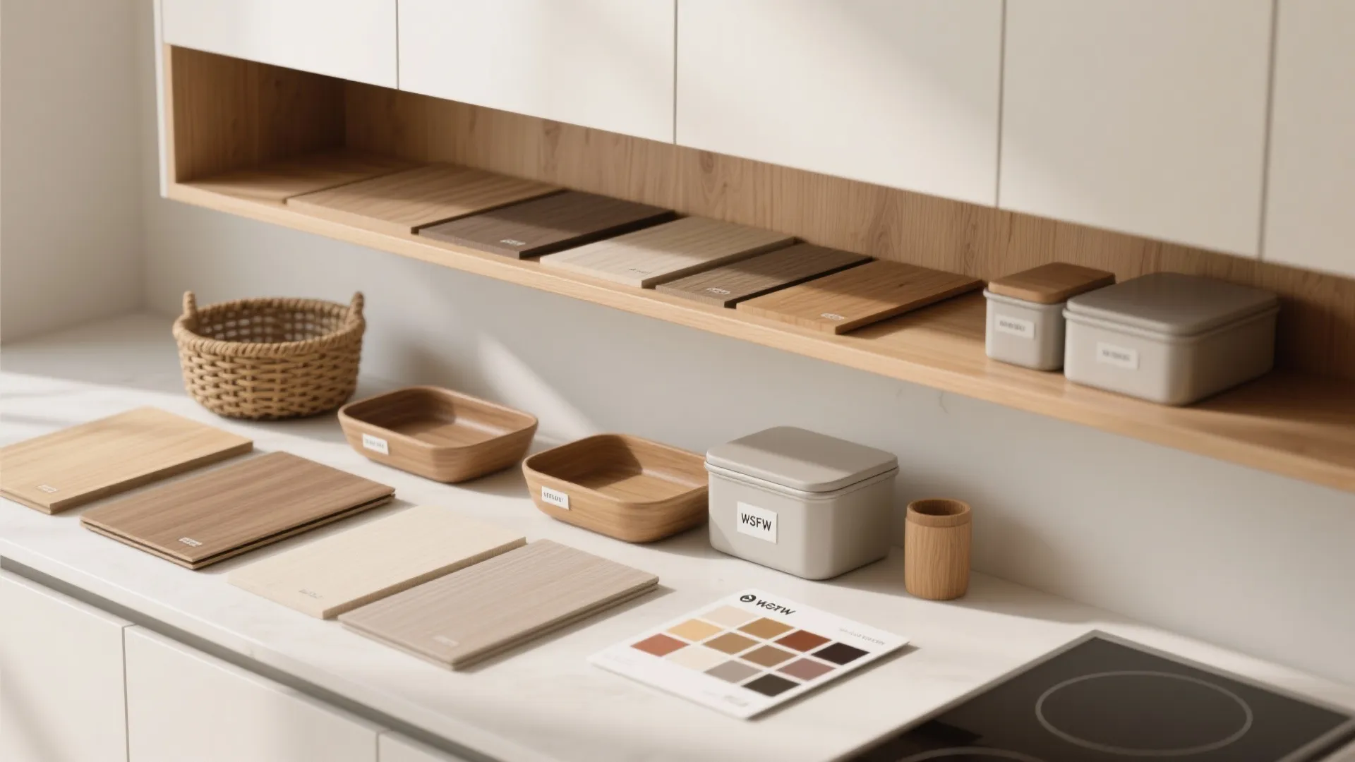 Flatlay of material swatches, baskets and organizers for planning doorless kitchen shelving.