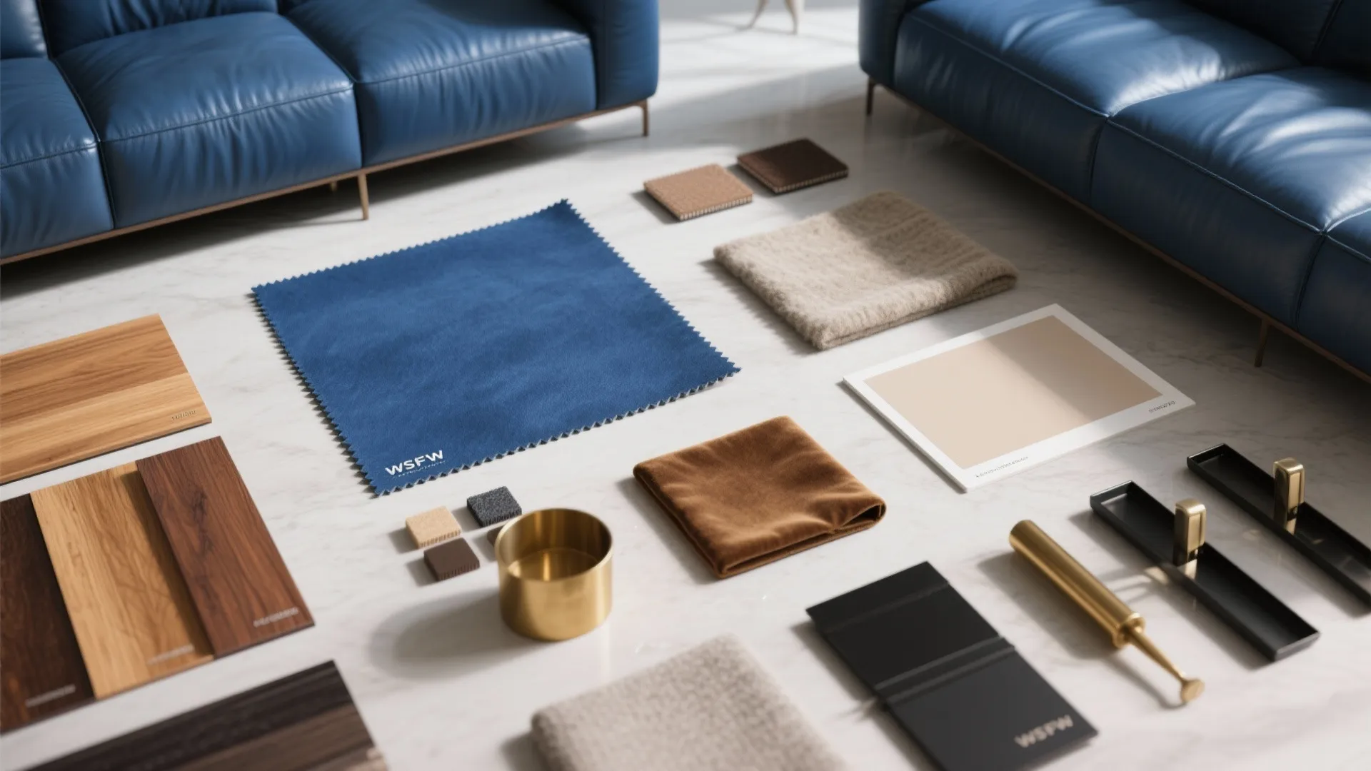 Flatlay of blue leather, warm wood, fabric and metal samples for coordinating a living room scheme