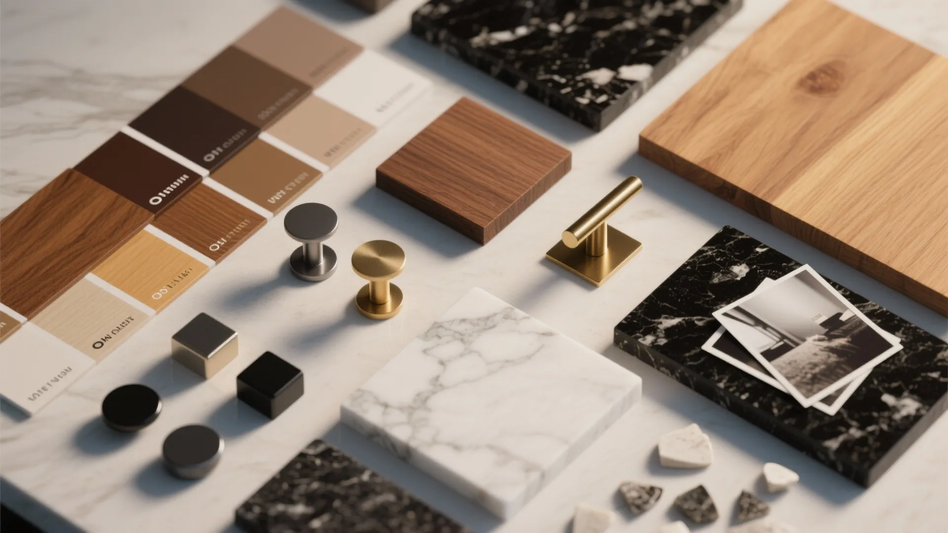 Top-down flatlay of paint swatches, wood and metal hardware samples and countertop chips for kitchen planning