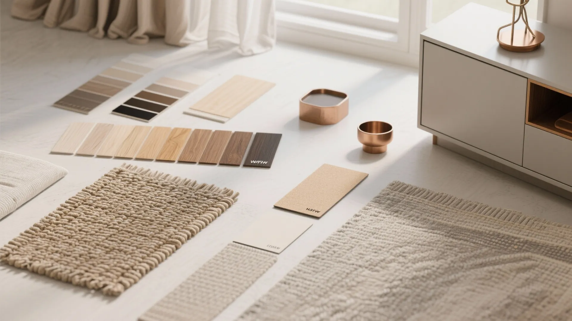 Interior design material samples including wood flooring, carpet, fabric swatches, and copper hardware on floor