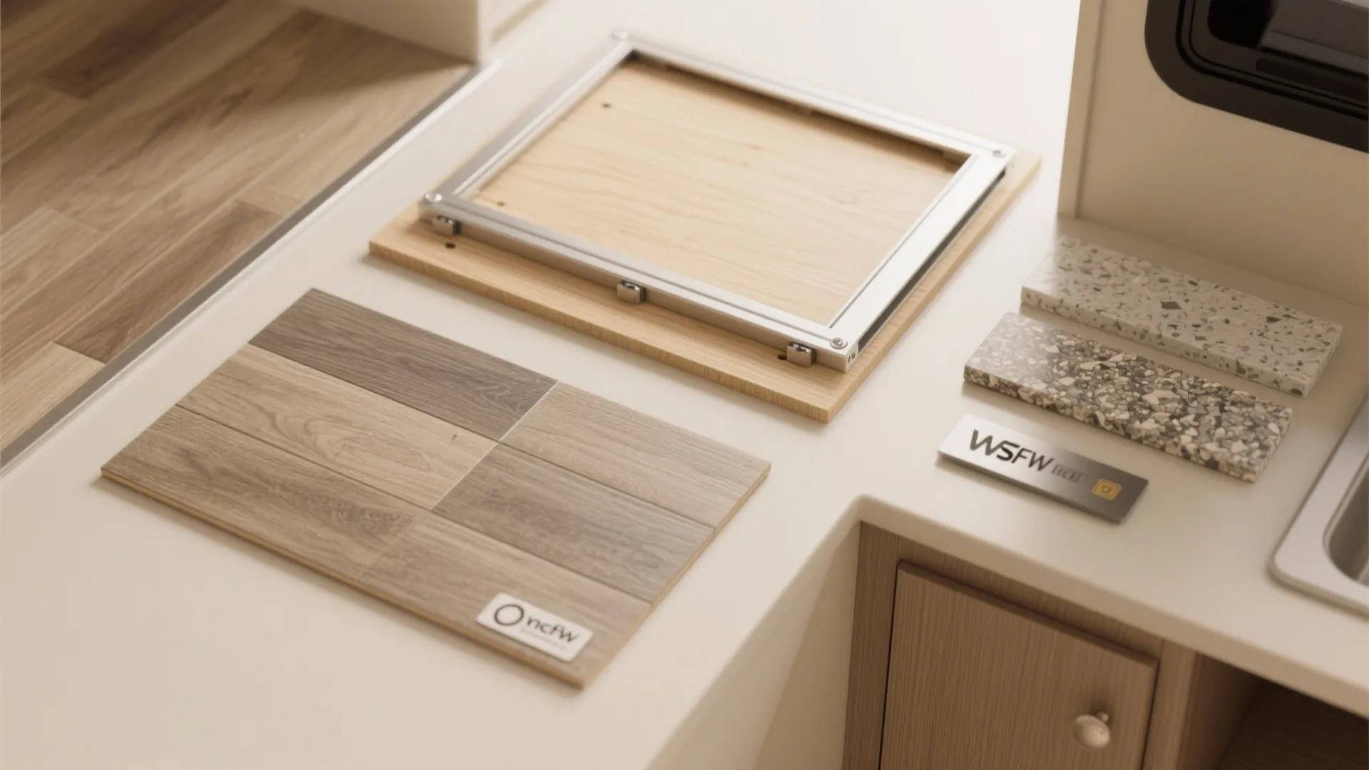 Flatlay of lightweight RV materials including vinyl plank, plywood, aluminum, and composite samples.