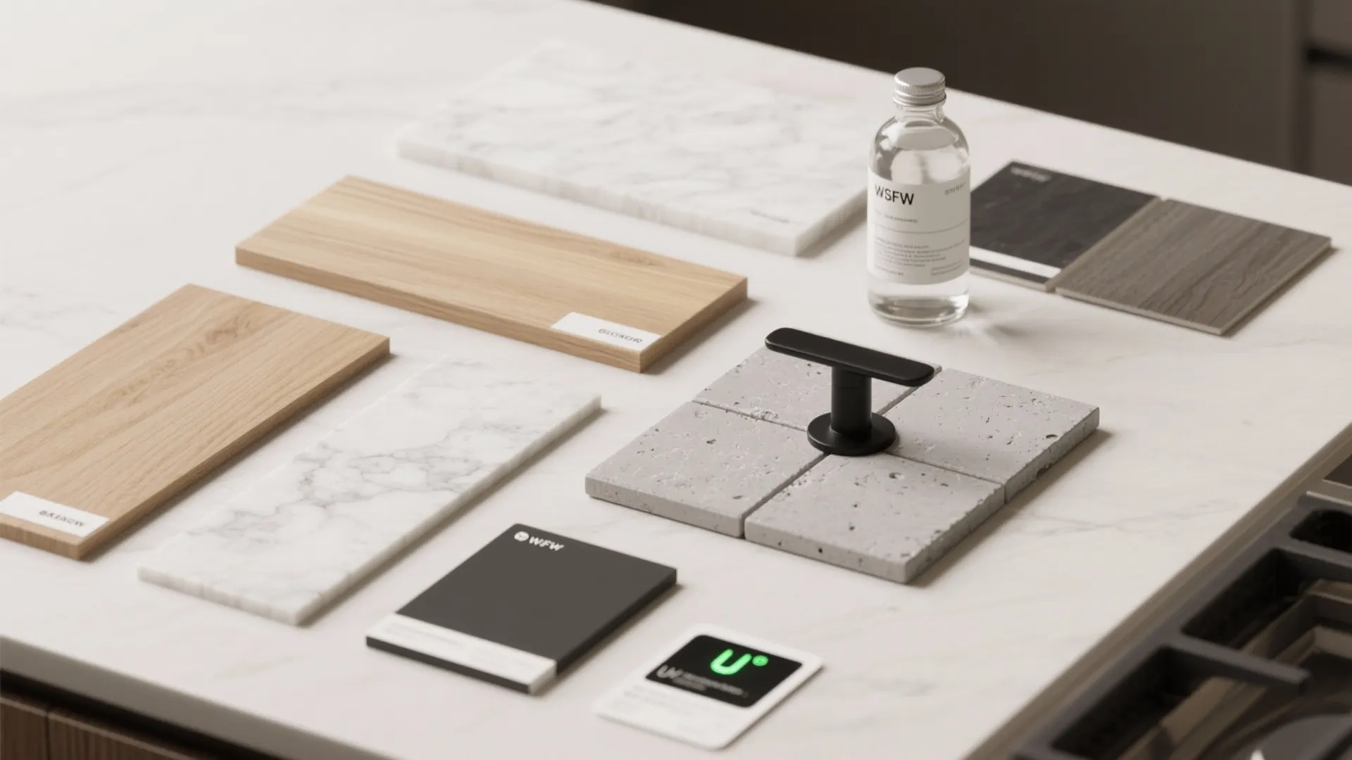 Top-down flatlay of material samples for planning a white oak kitchen, including oak, quartz, concrete, and hardware