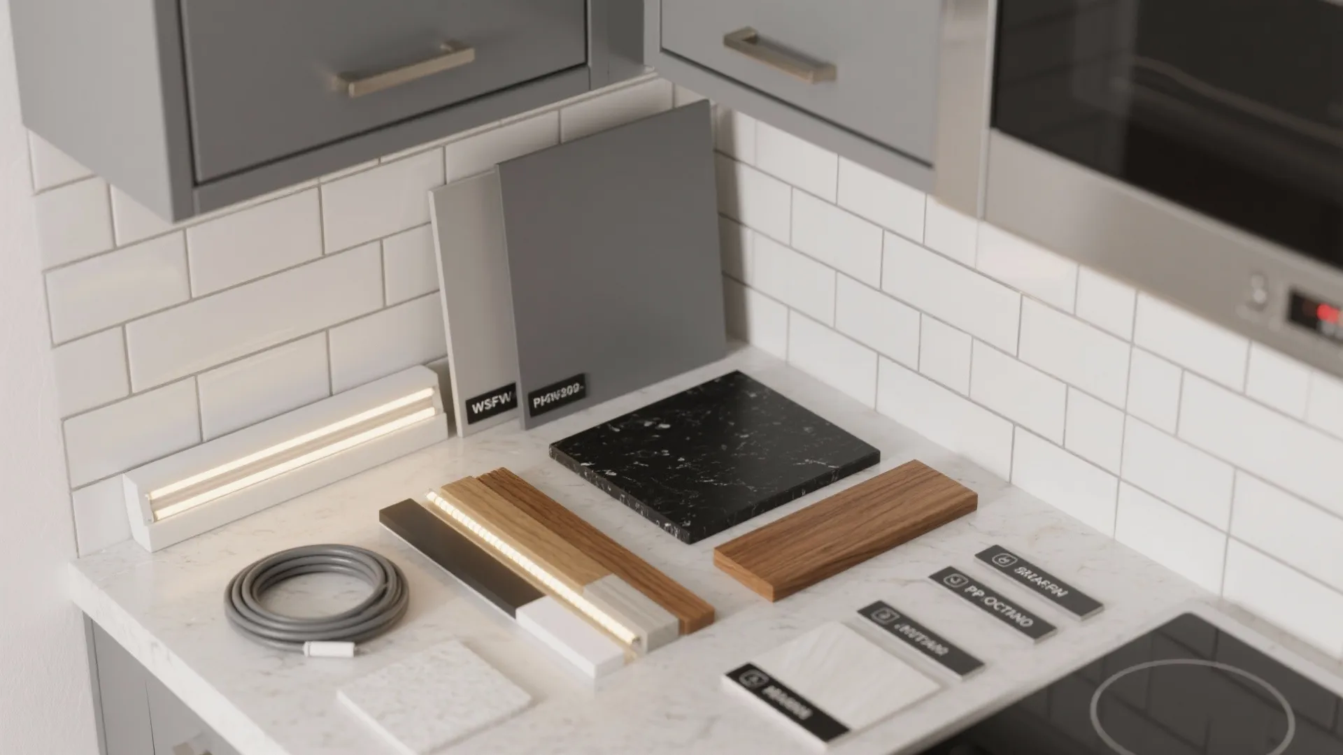 Flatlay of gray cabinet, black countertop, wood veneer, tile, and LED strip samples for kitchen planning.