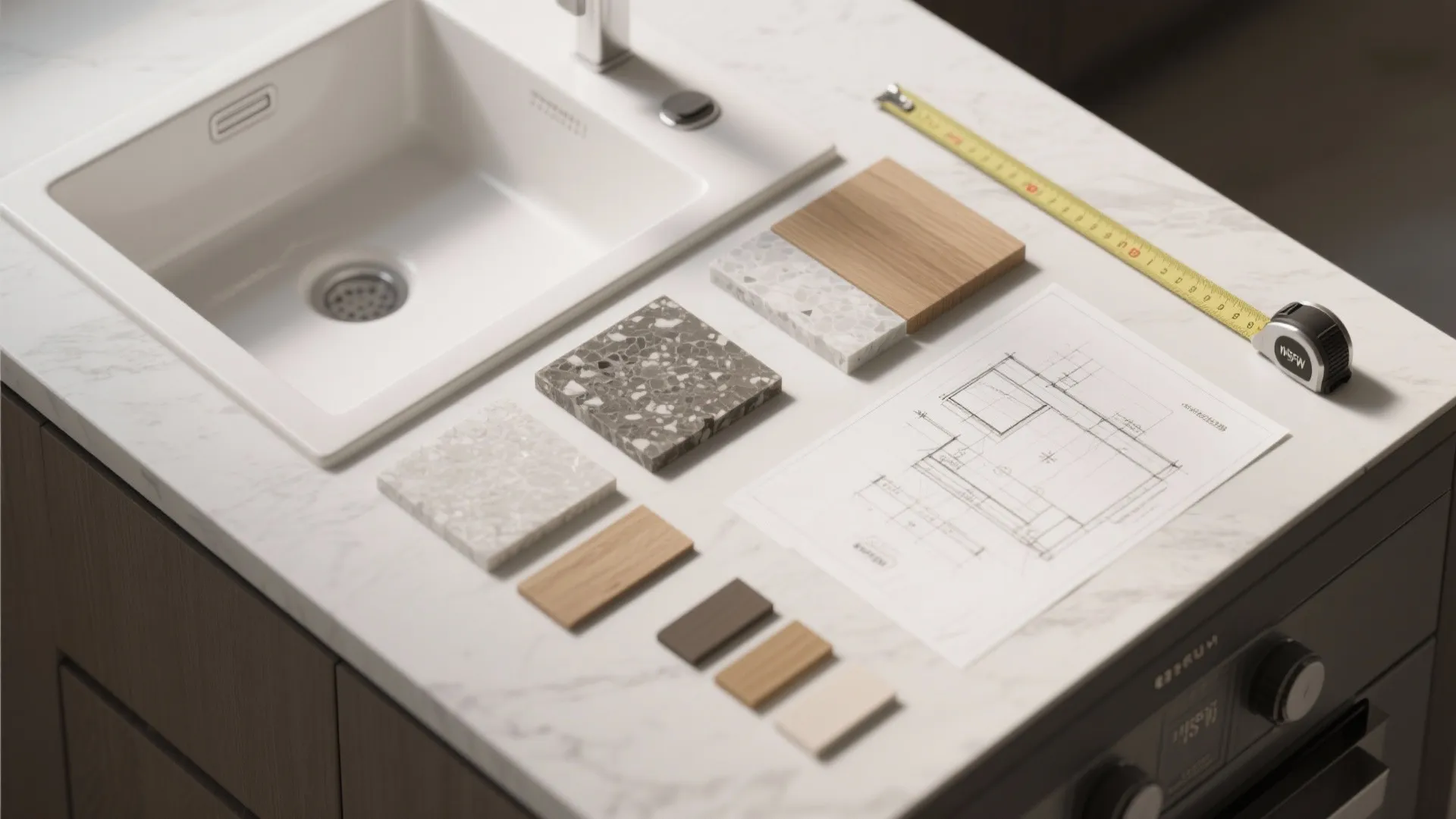 Flatlay of sink and countertop material samples including porcelain, composite, and quartz with color chips and measuring tape.