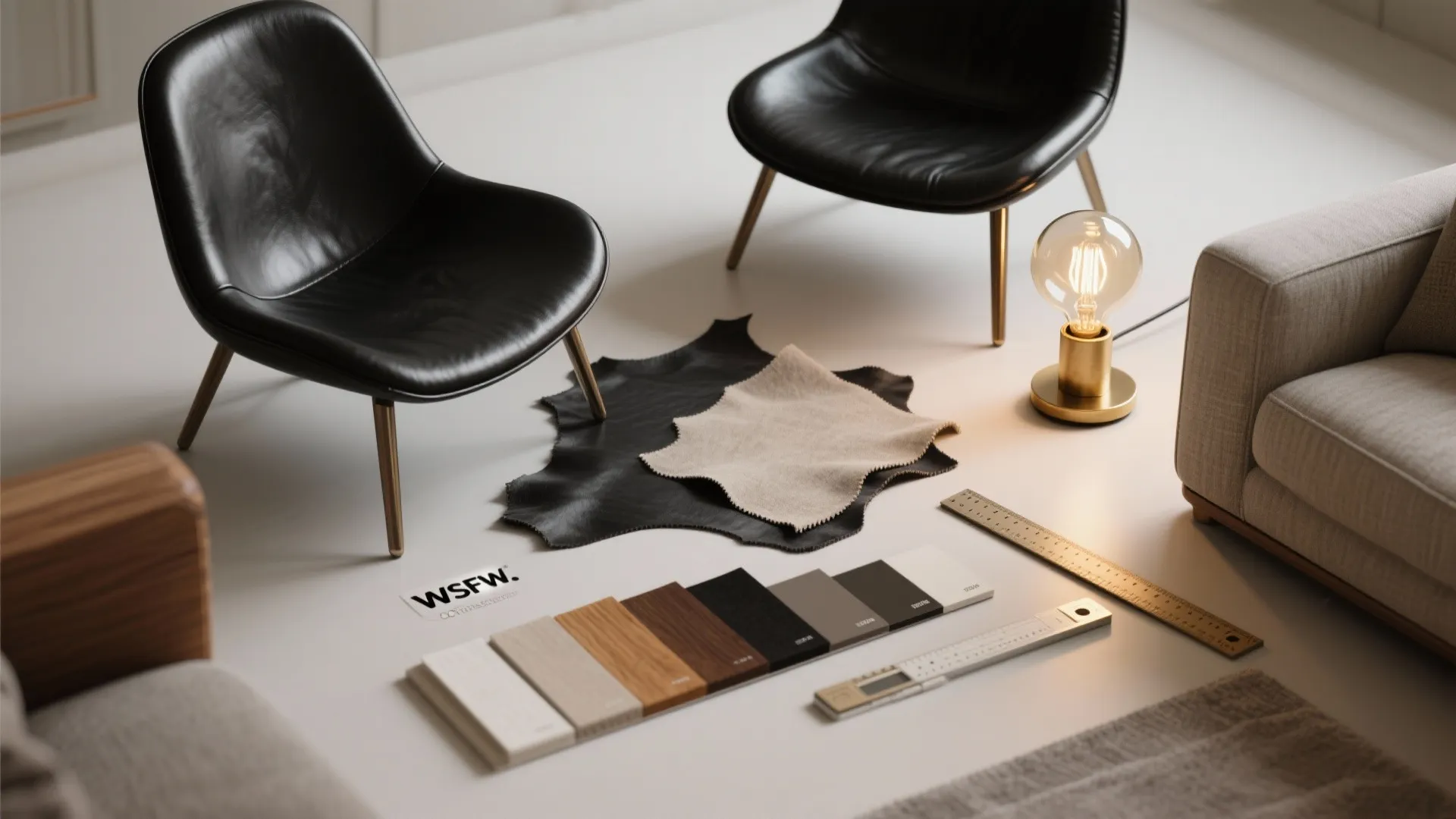 Interior design material layout with wood samples fabric swatches small light and two black chairs