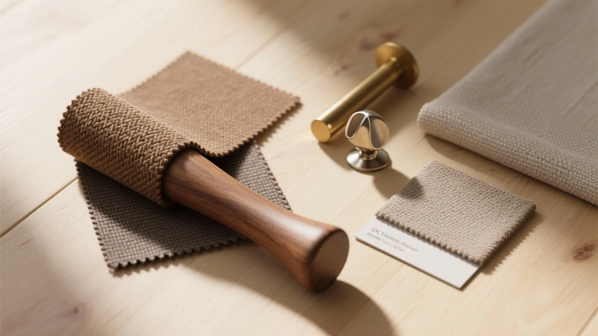 Material flatlay of wood, tweed fabric, and brass samples for a brown accent chair.